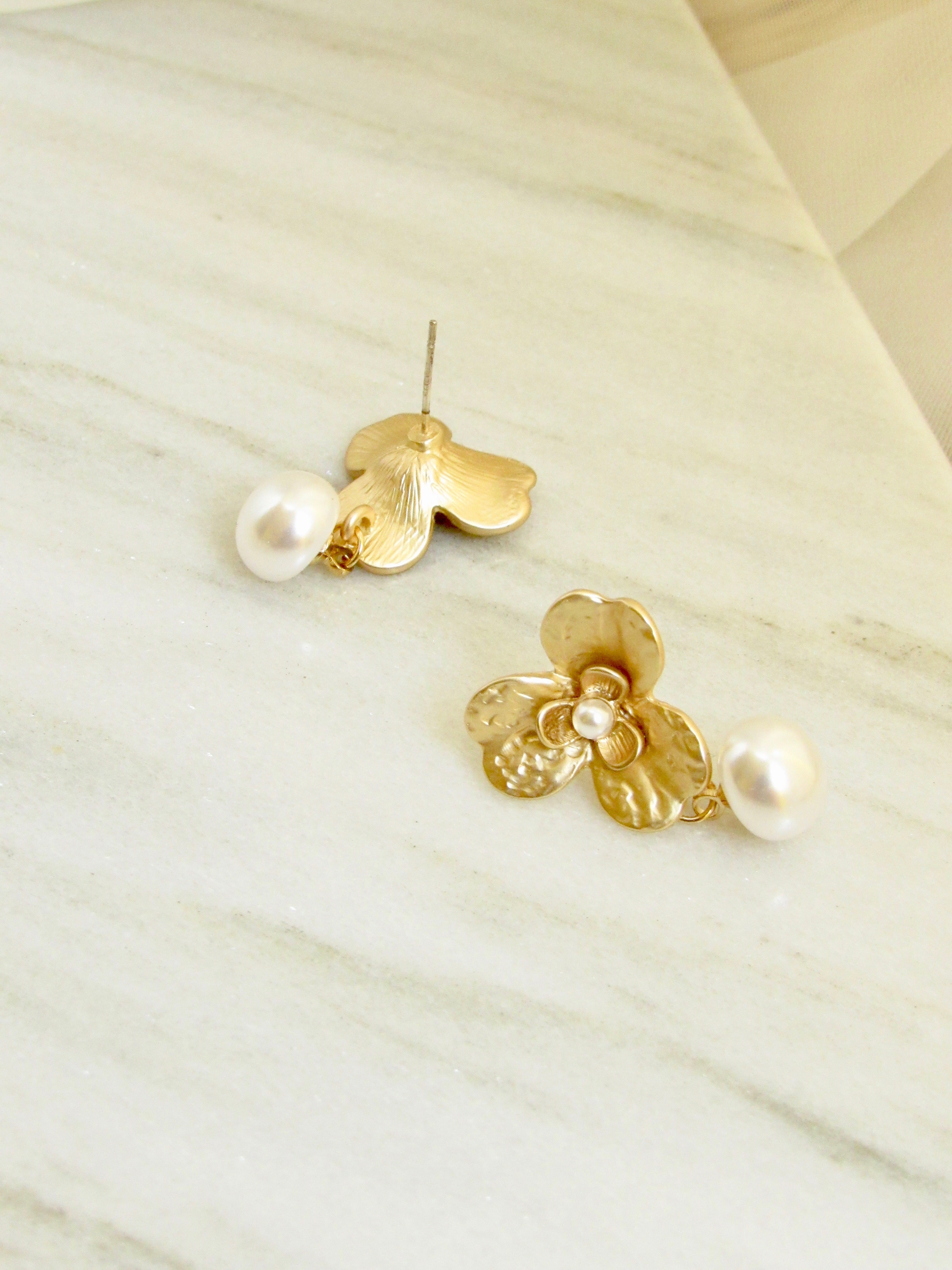 Floral Pearl Gold Drop Earrings