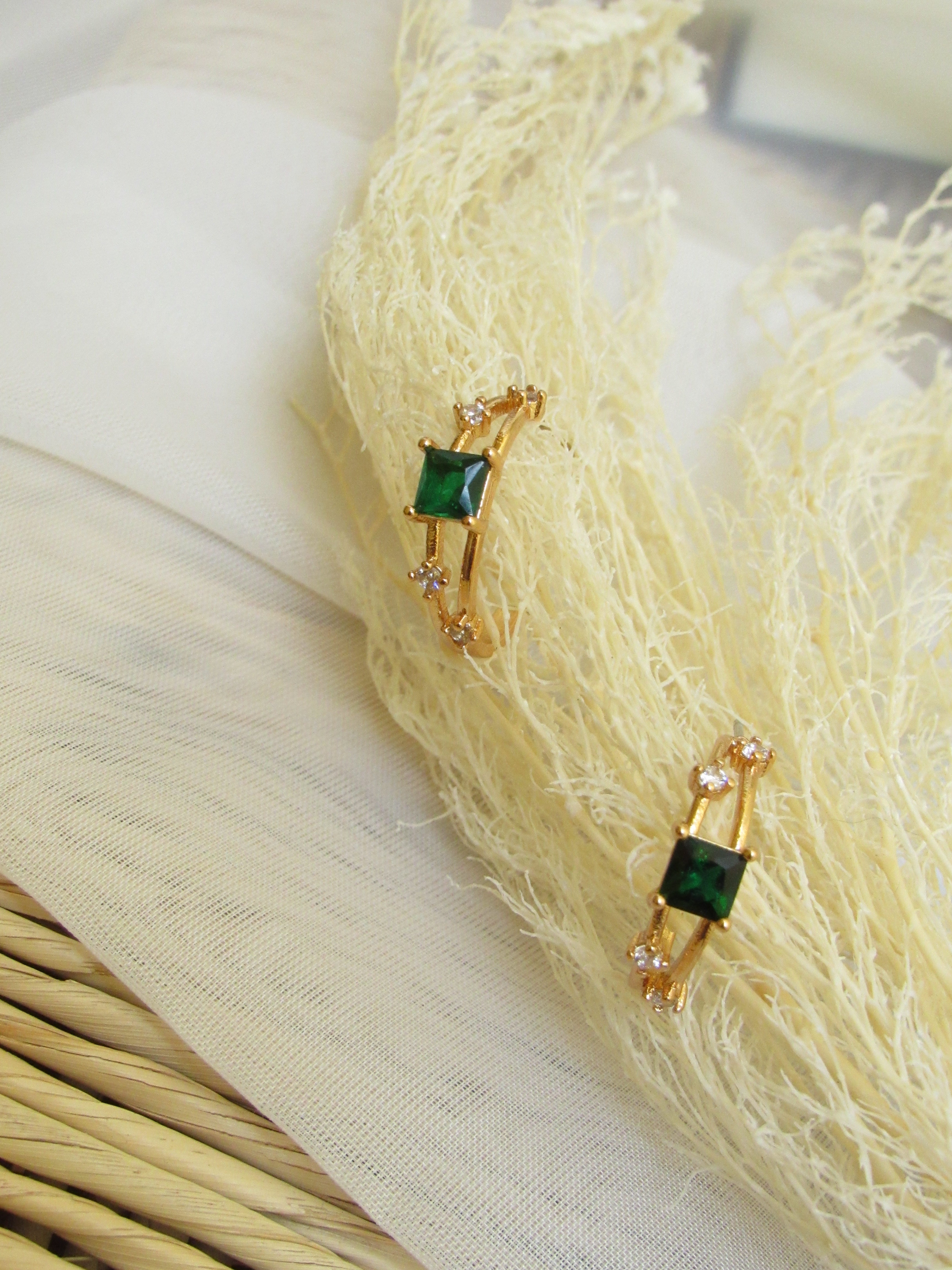 Green Gemstone Half Hoop Earrings in Gold