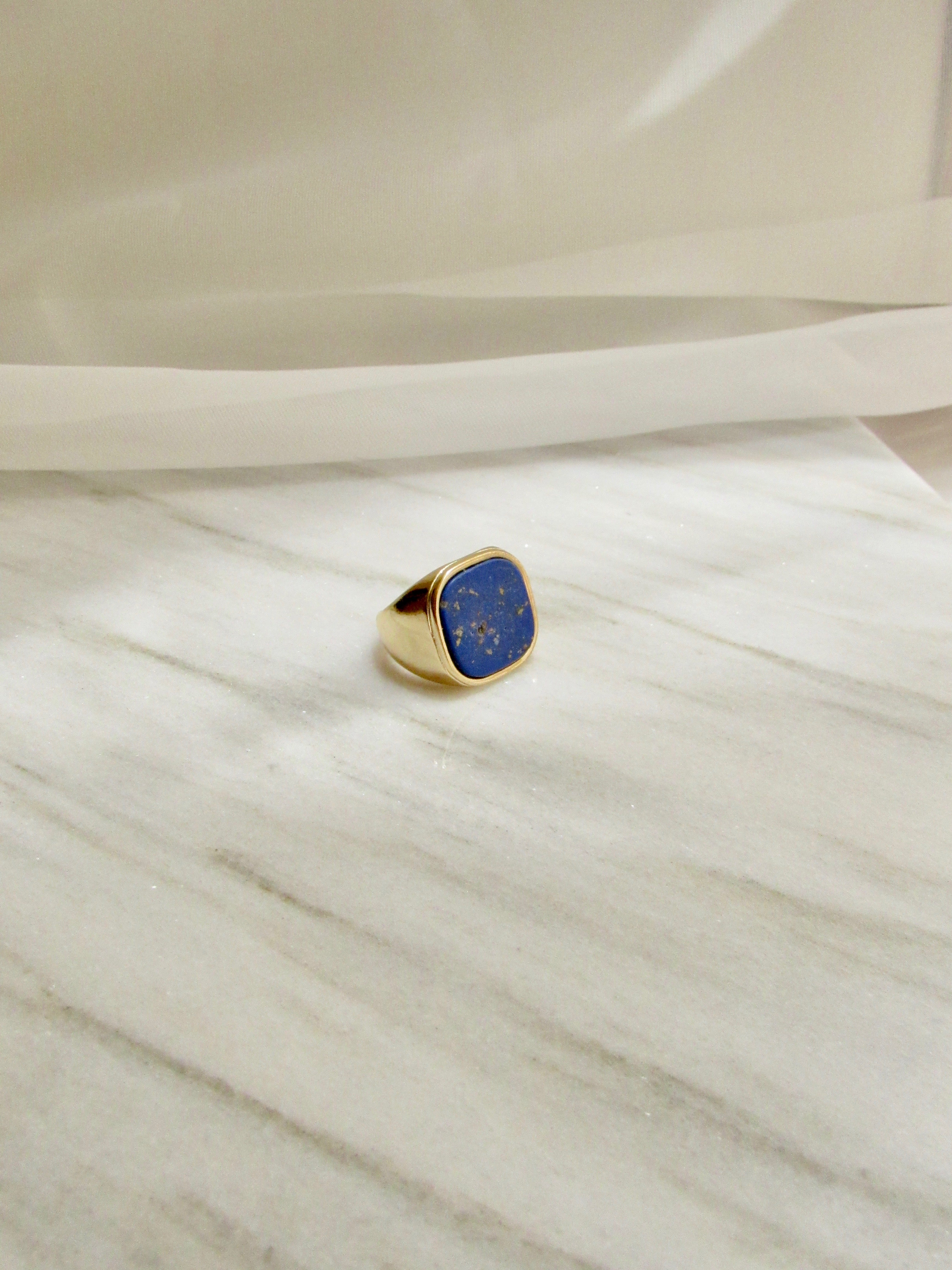 Chunky Square Blue Gemstone Gold Signet Ring