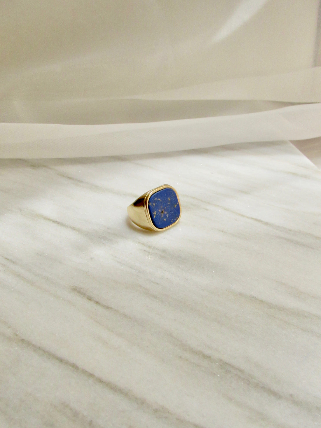 Chunky Square Blue Gemstone Gold Signet Ring