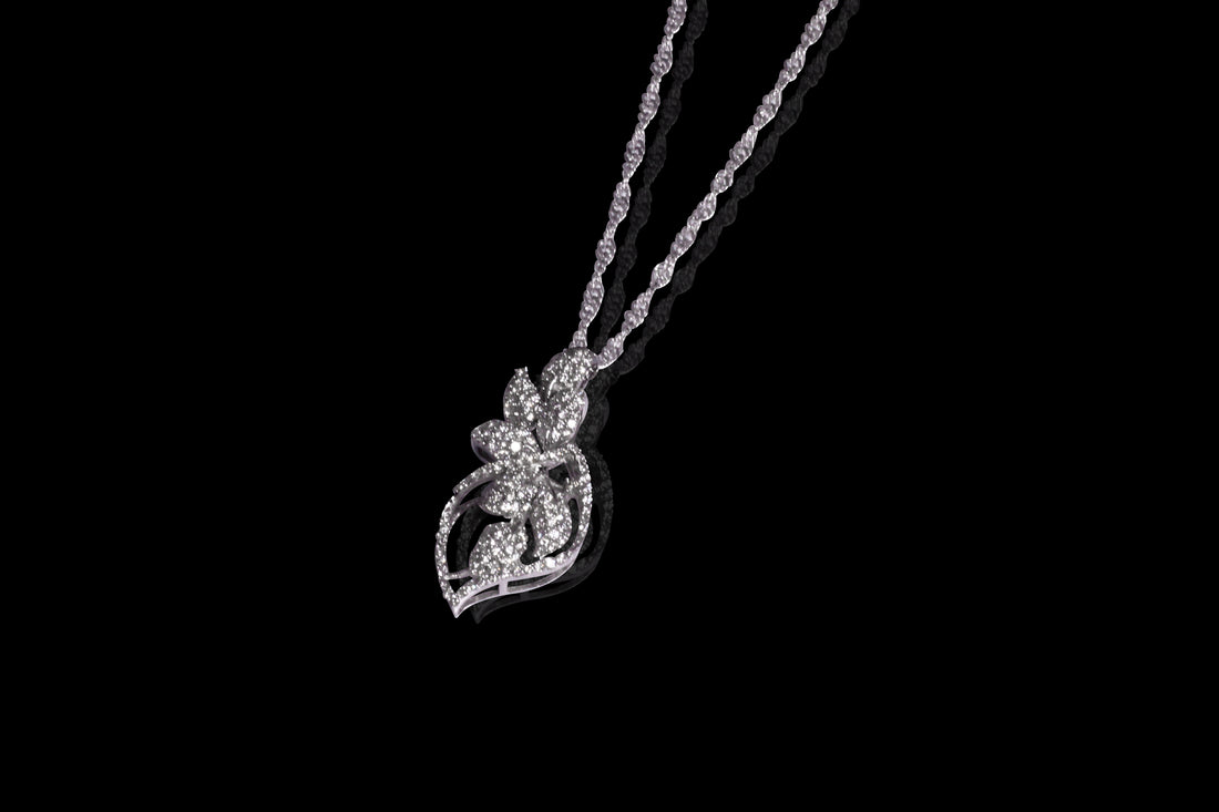 Art Nouveau Leaf Petals 18k White Gold Natural Petite Diamonds Pendant