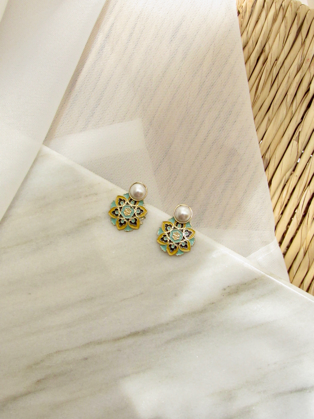 Mandalas Pearl Gold Stud Earrings