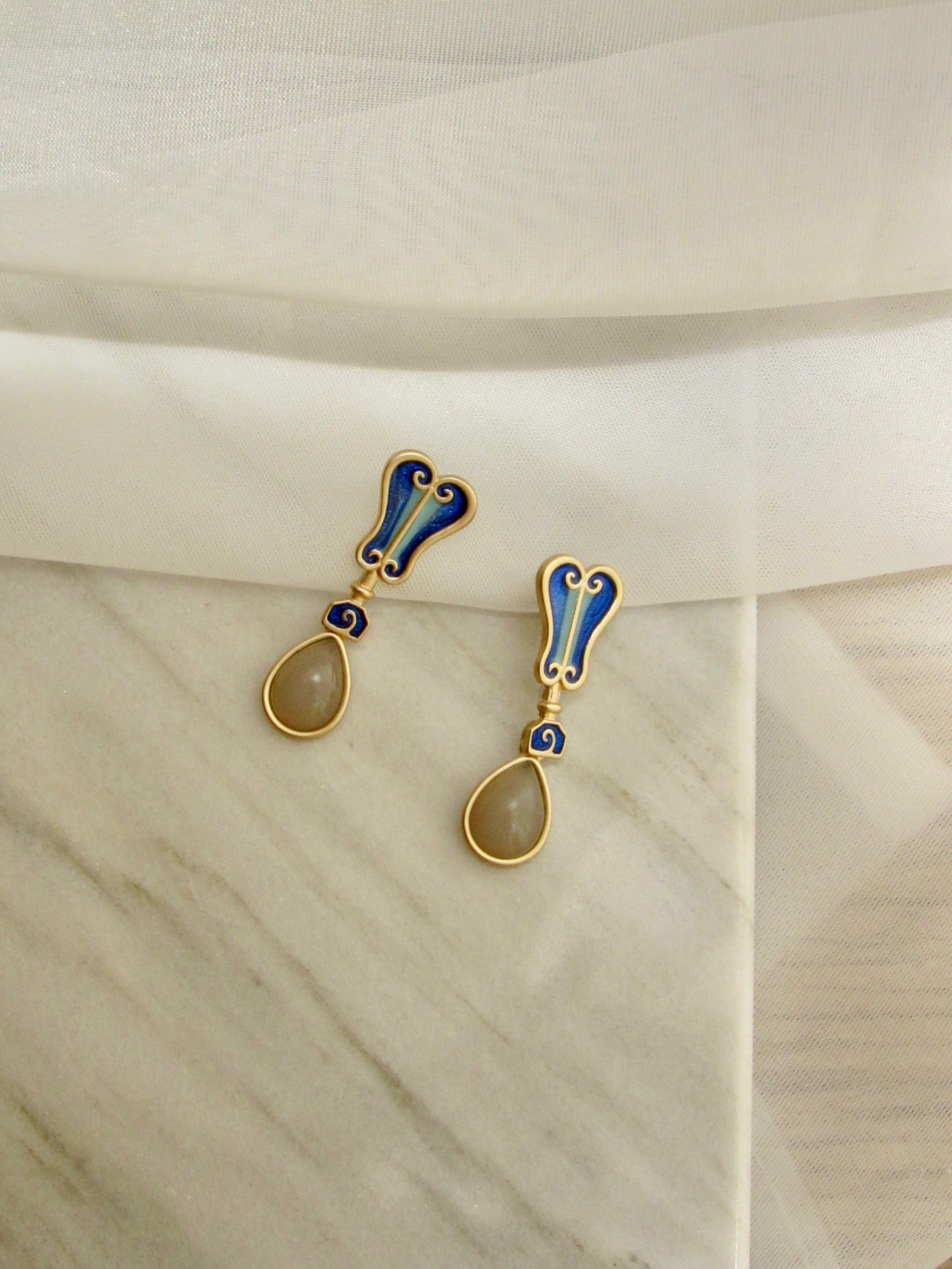 Teardrop Gemstone Blue Enamel Gold Drop Earrings