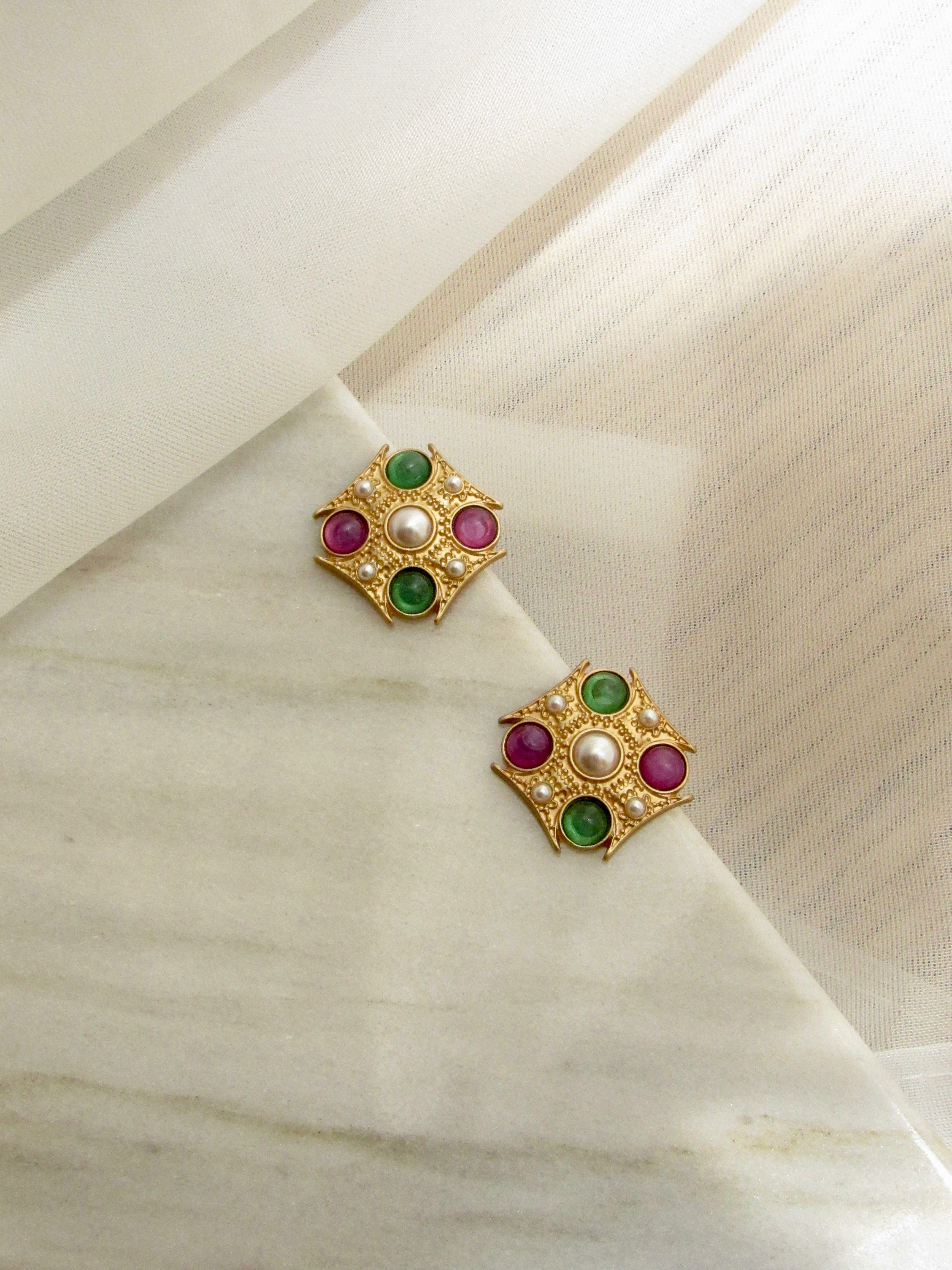 Byzantine Muti-gems Gold Stud Earrings