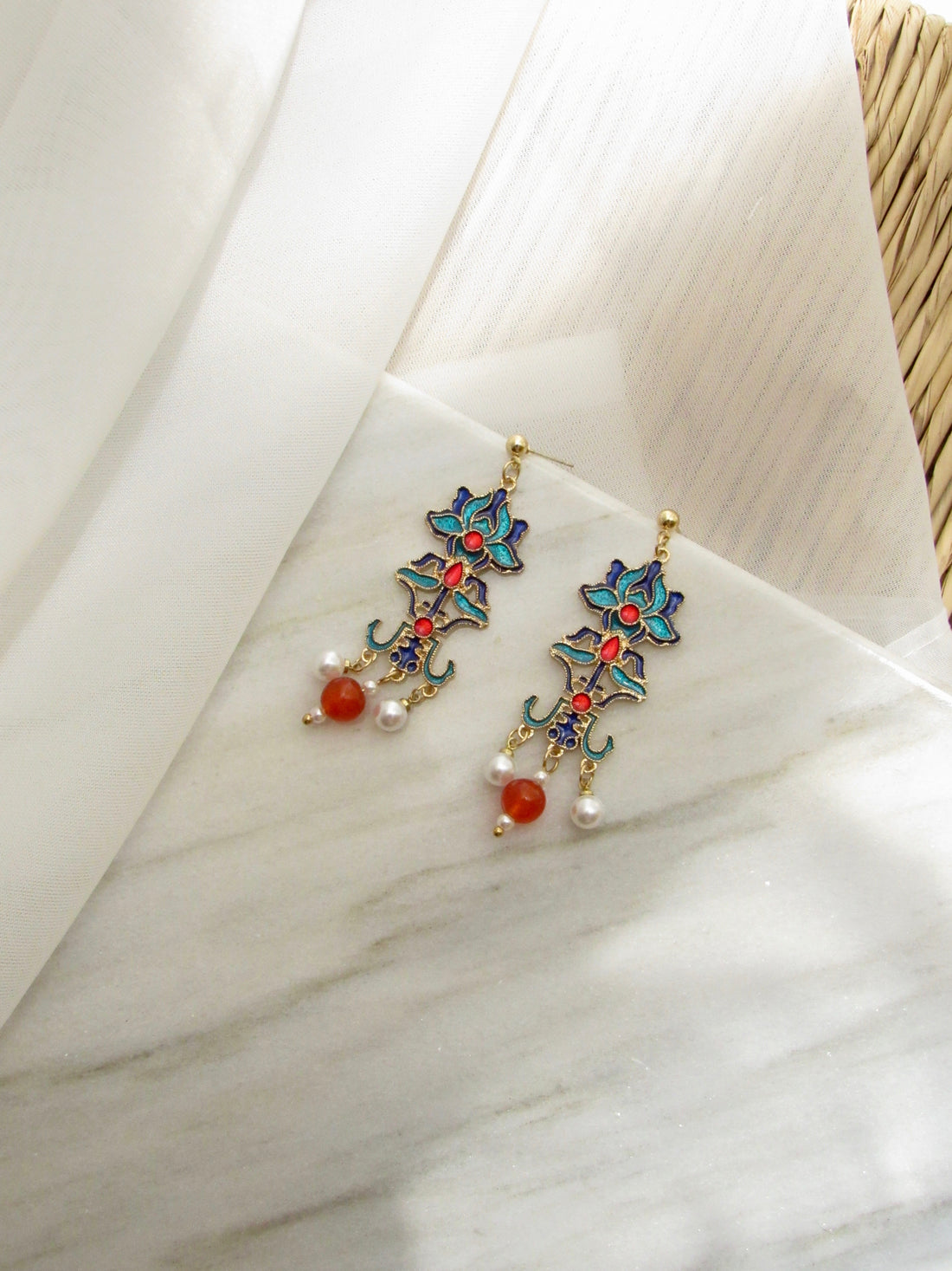 Pagoda Floral Blue Enamel Drop Earrings with Pearl in Gold