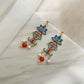 Pagoda Floral Blue Enamel Drop Earrings with Pearl in Gold