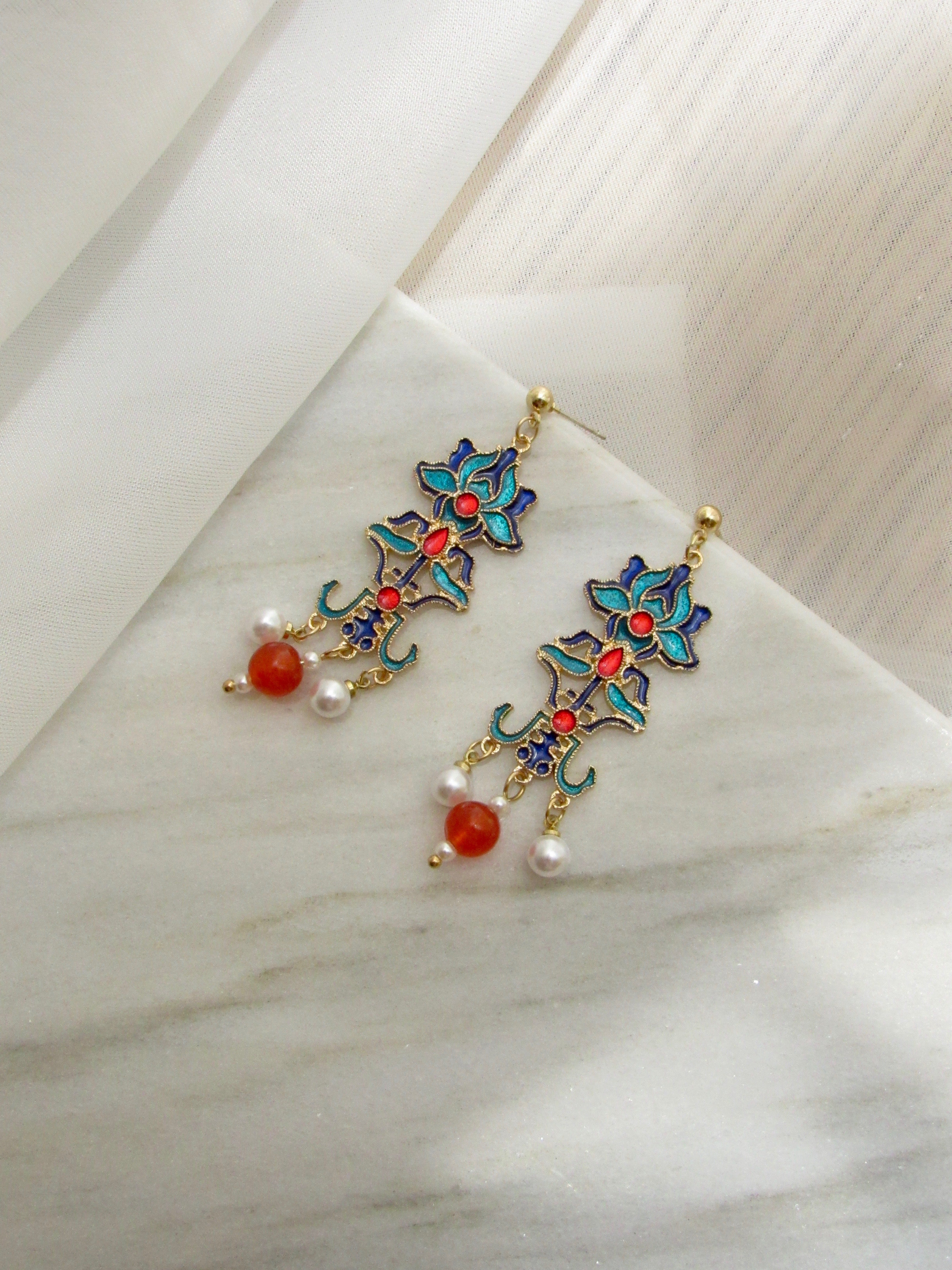 Pagoda Floral Blue Enamel Drop Earrings with Pearl in Gold