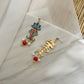 Pagoda Floral Blue Enamel Drop Earrings with Pearl in Gold