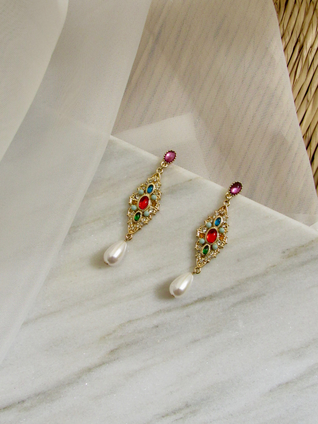 Glory Multicolor Gemstone Pearl Gold Drop Earrings