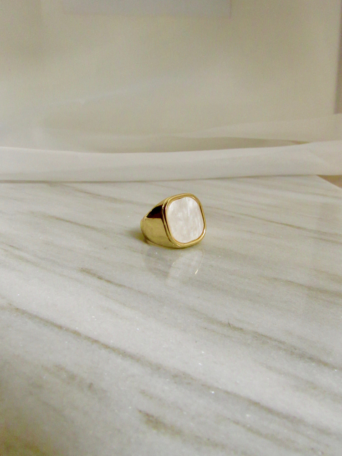 Rounded Square White Mother Of Pearl Gold Signet Ring