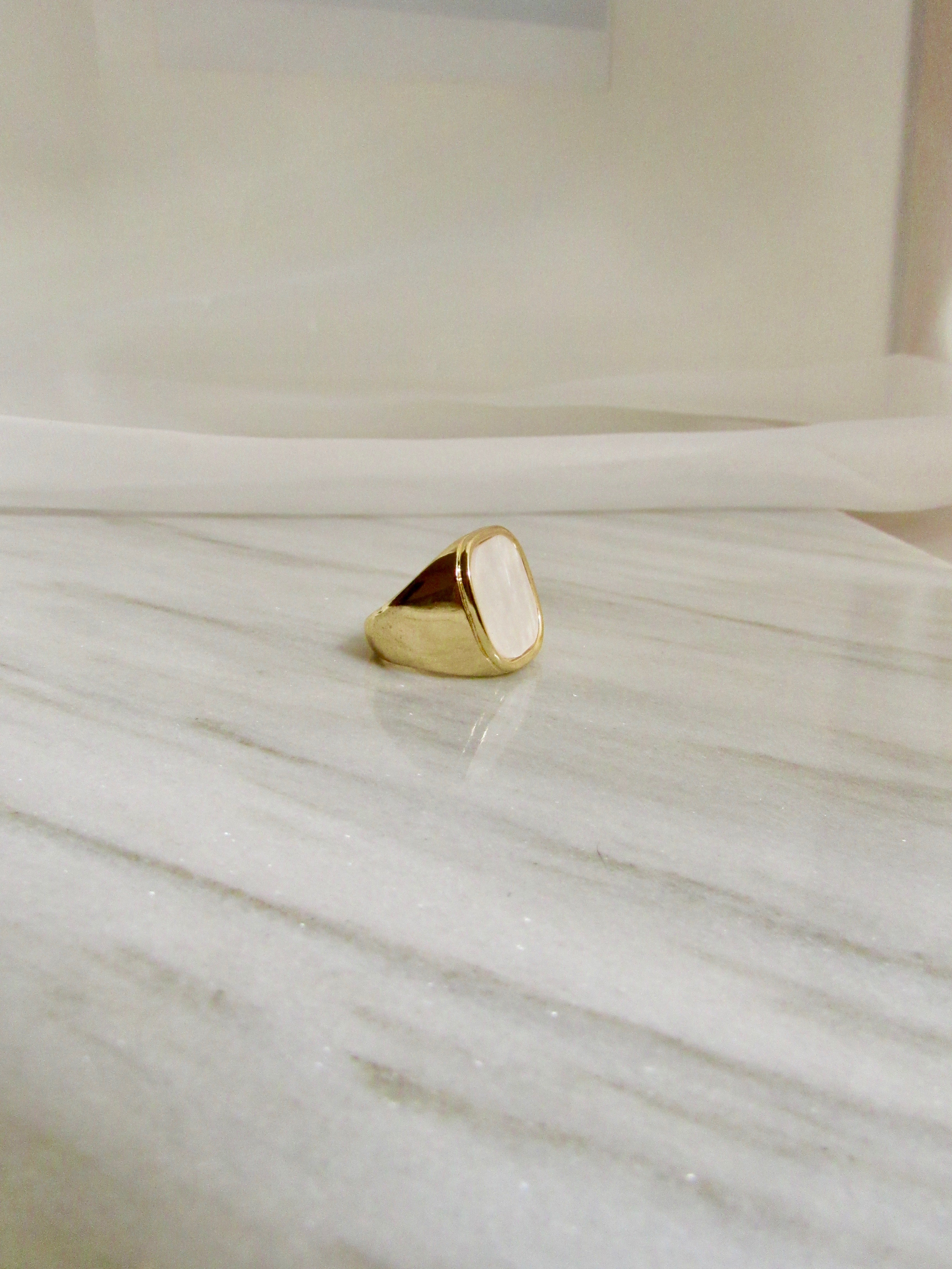 Rounded Square White Mother Of Pearl Gold Signet Ring
