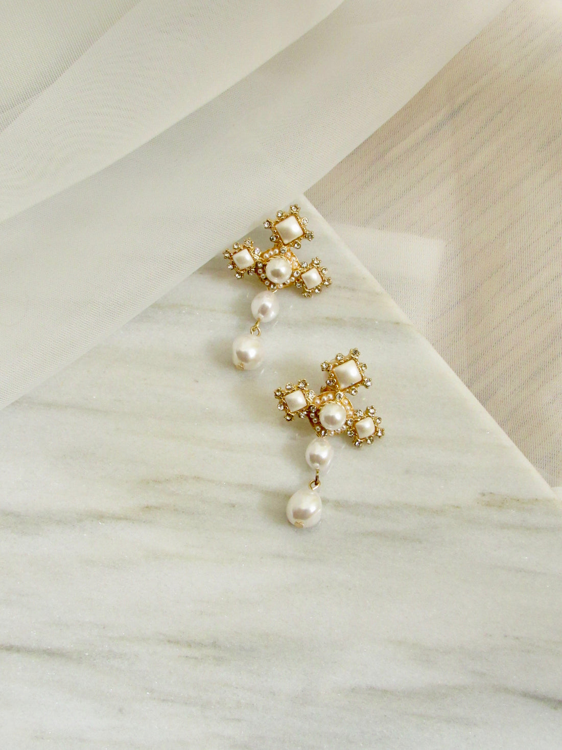 Byzantine Cross Pearl Drop Earrings in Gold