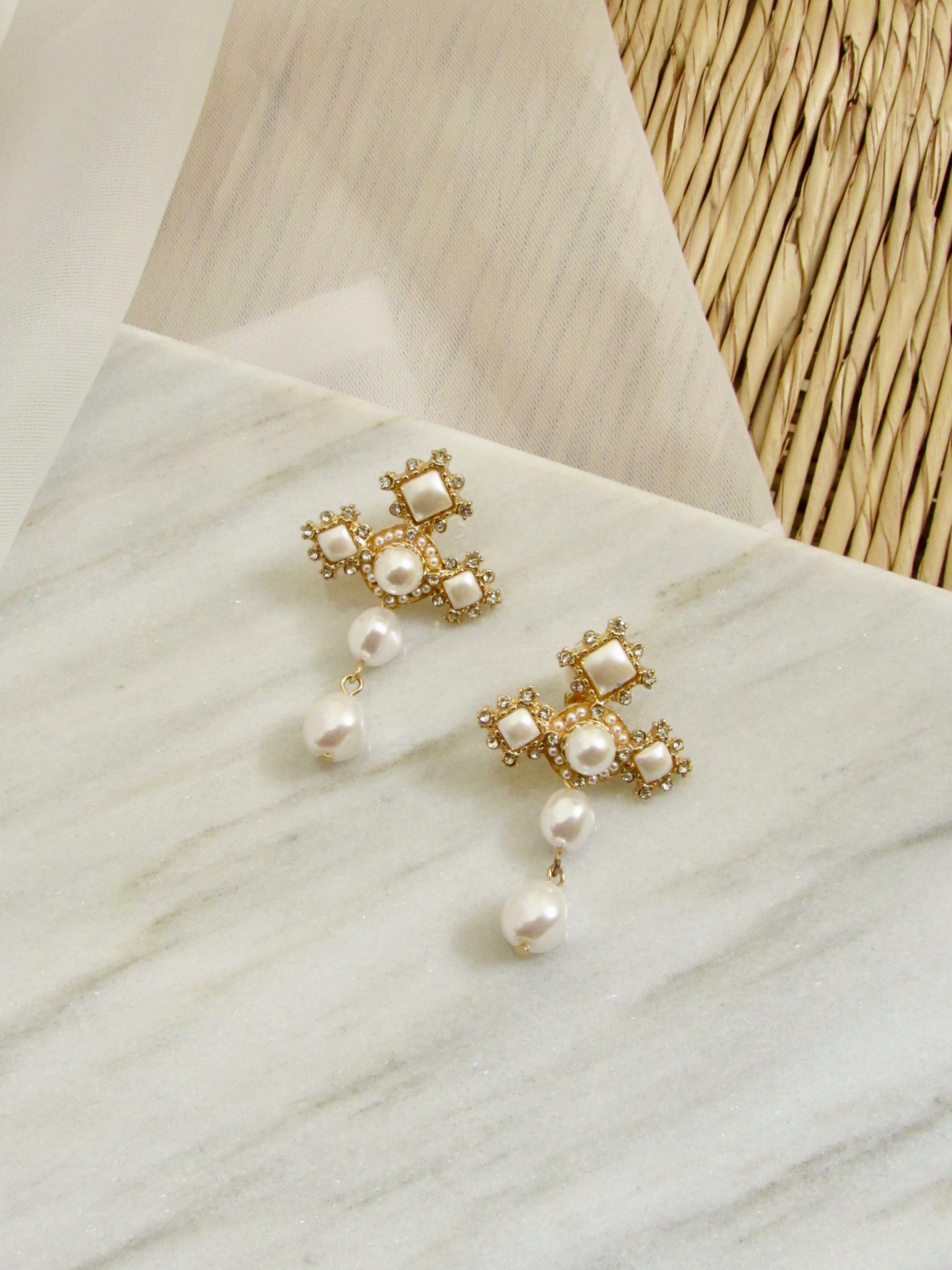 Byzantine Cross Pearl Drop Earrings in Gold