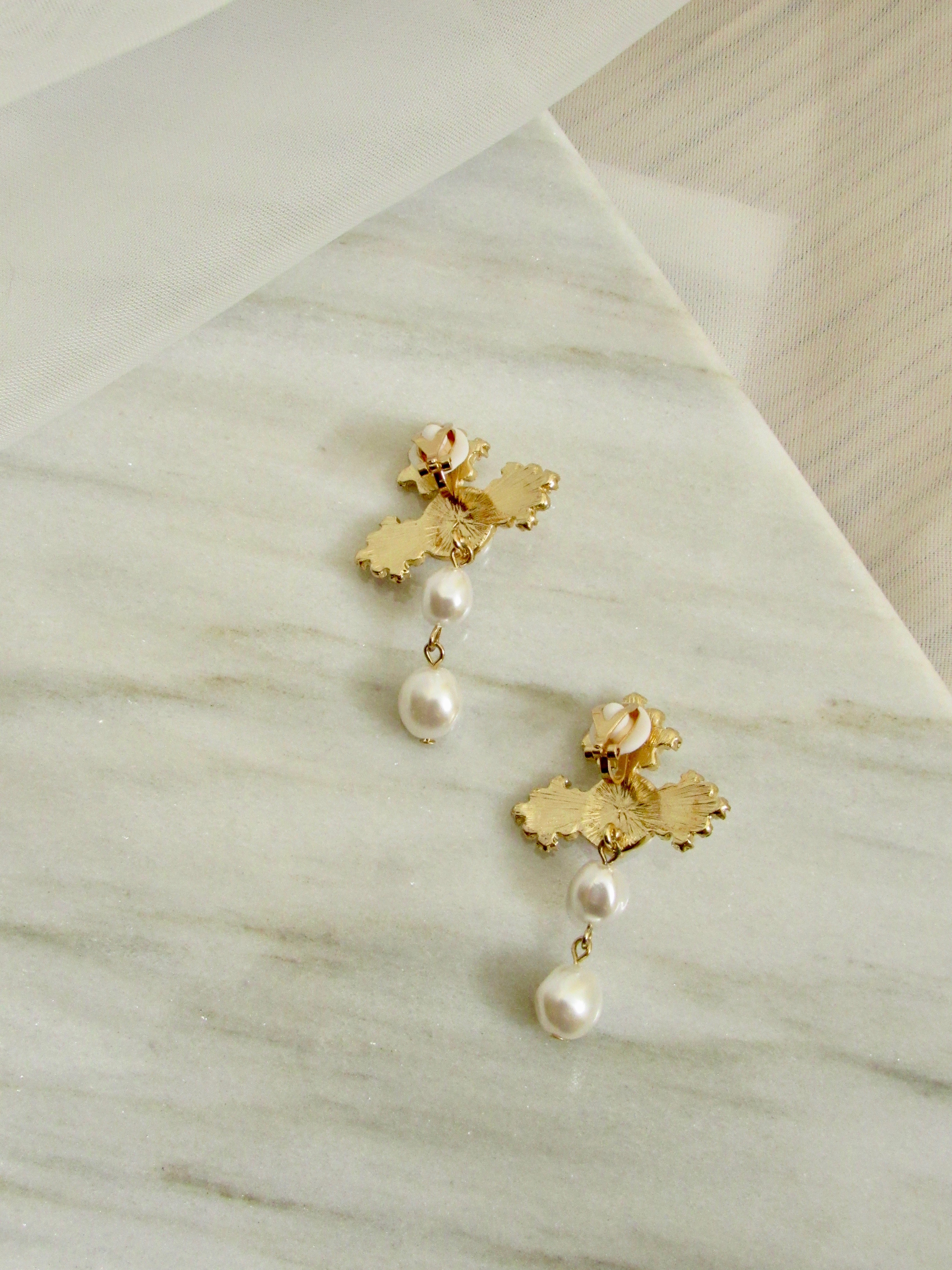 Byzantine Cross Pearl Drop Earrings in Gold