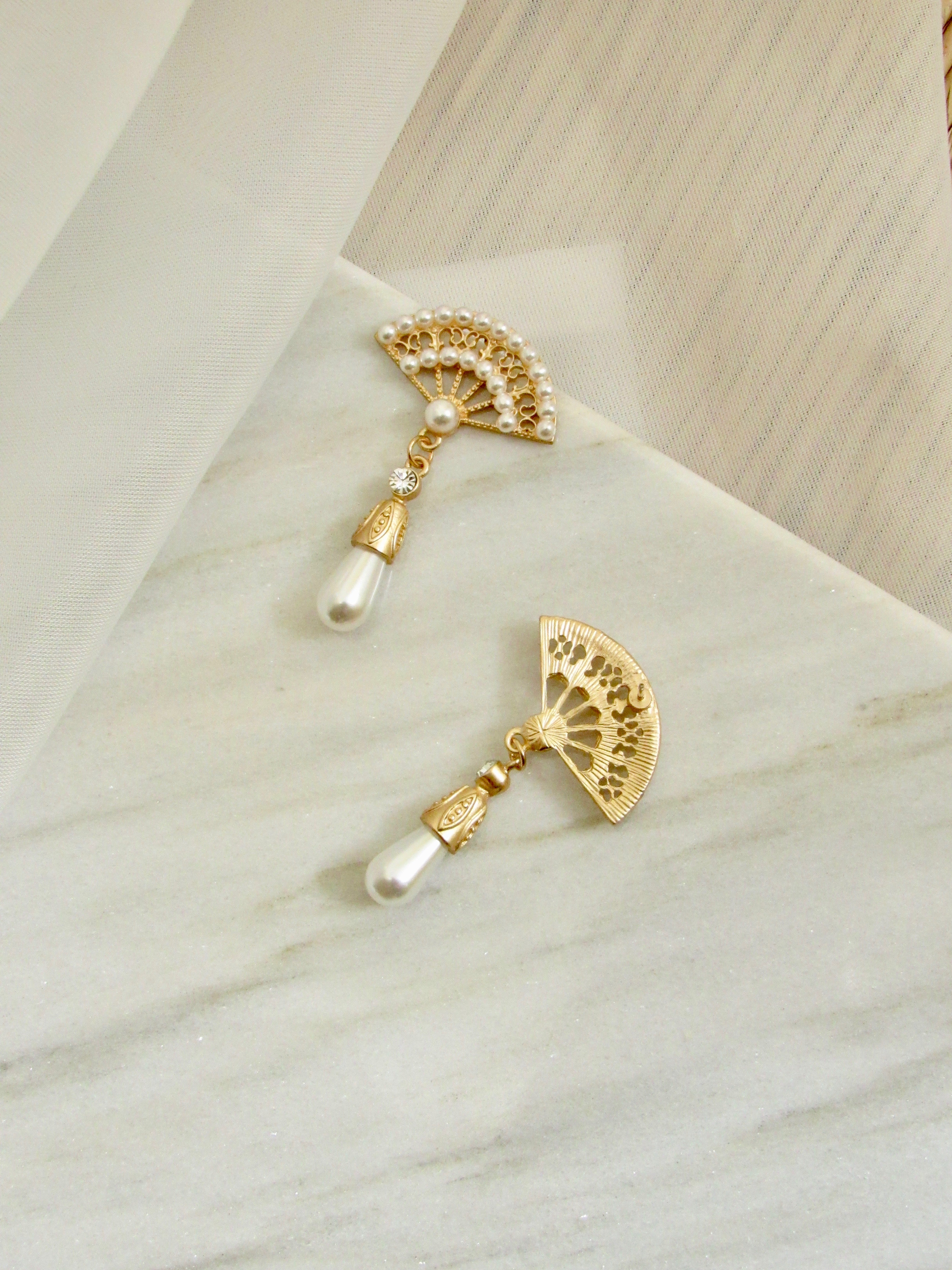 Vintage Pearl Fan Gold Drop Earrings