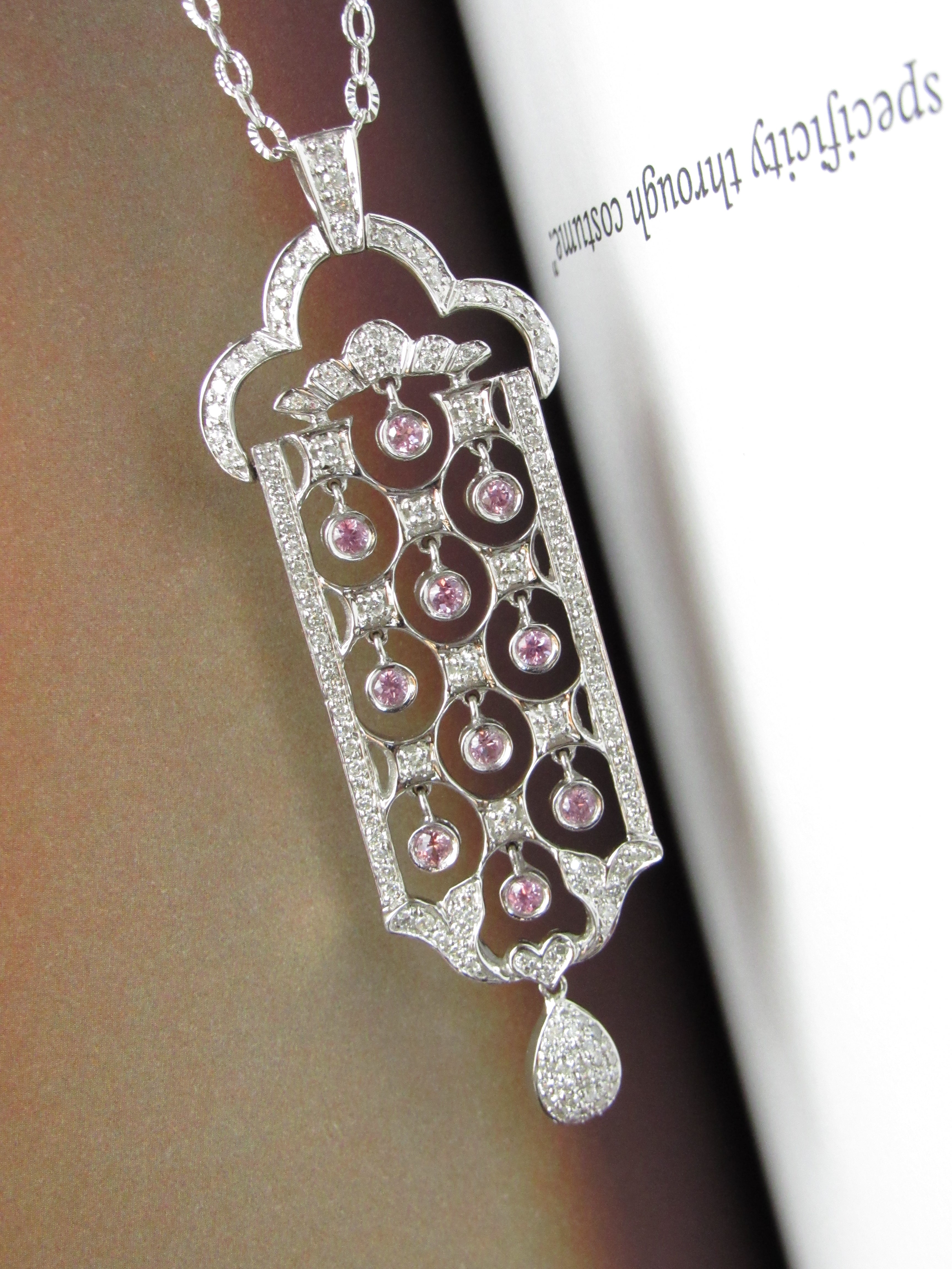 Art Deco Natural Pink Tourmaline and Diamond 14k White Gold Pendant Necklace