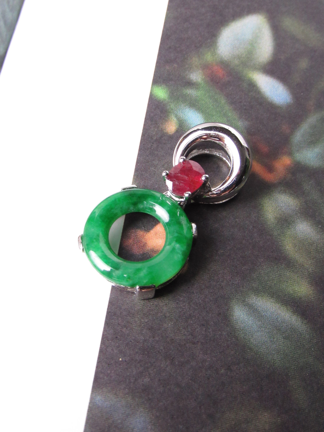 Vintage Jadeite Jade Lucky Donut with Red Ruby and Detachable Phenix Wings Pendant