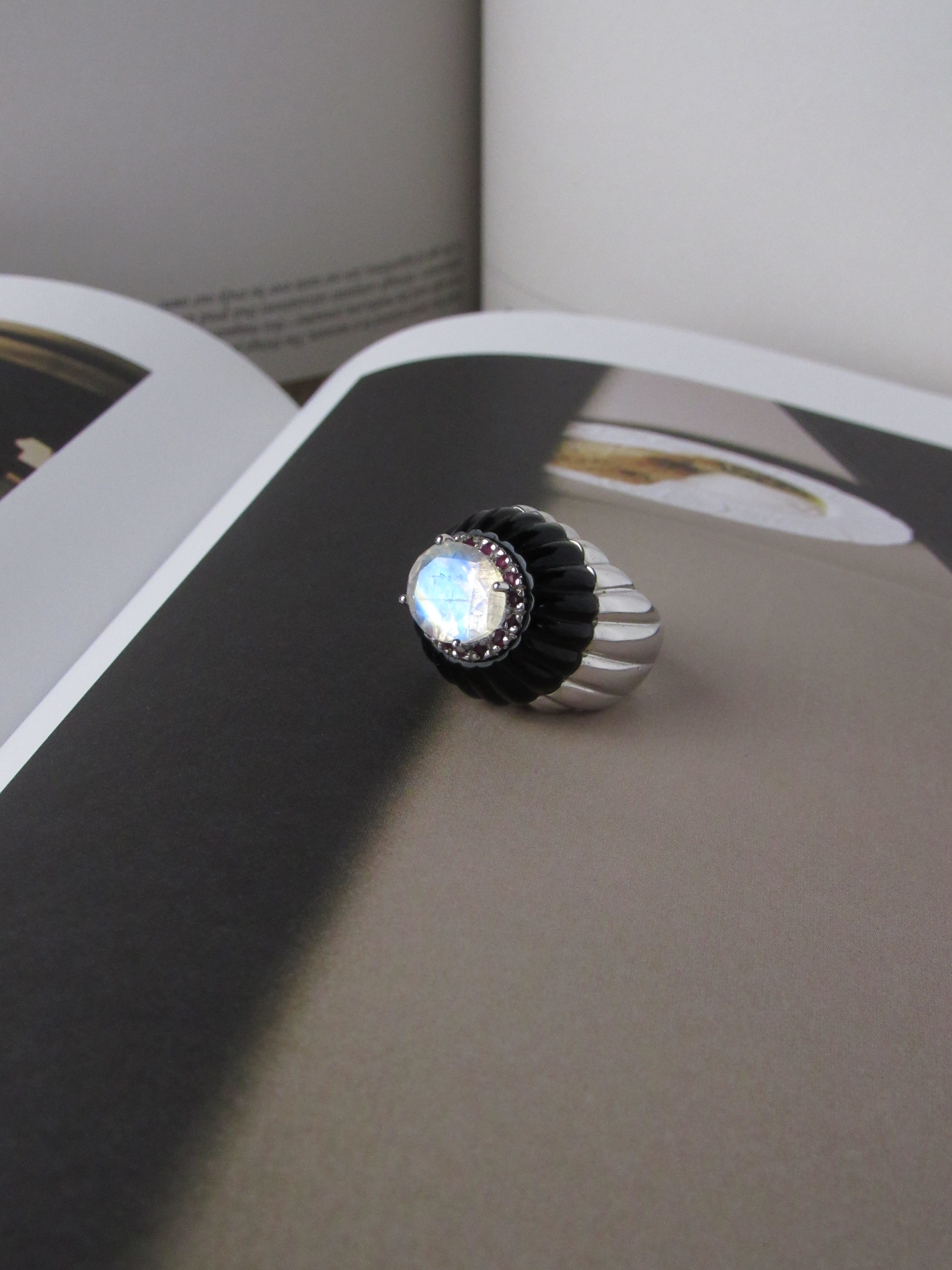 Piatra Dura Deco Blue Sheen Moonstone & Ruby 18k Solid White Gold Ring