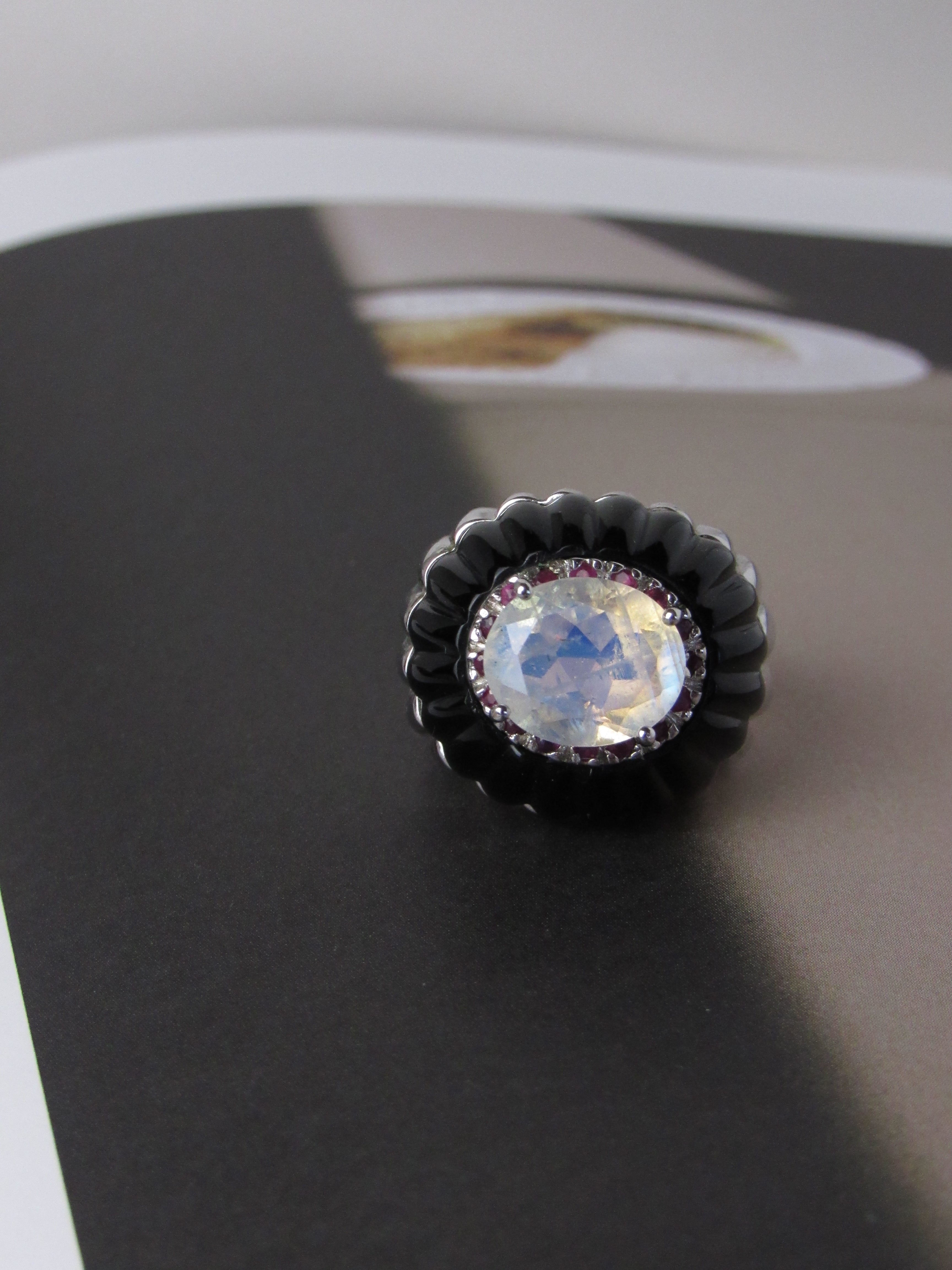 Piatra Dura Deco Blue Sheen Moonstone & Ruby 18k Solid White Gold Ring