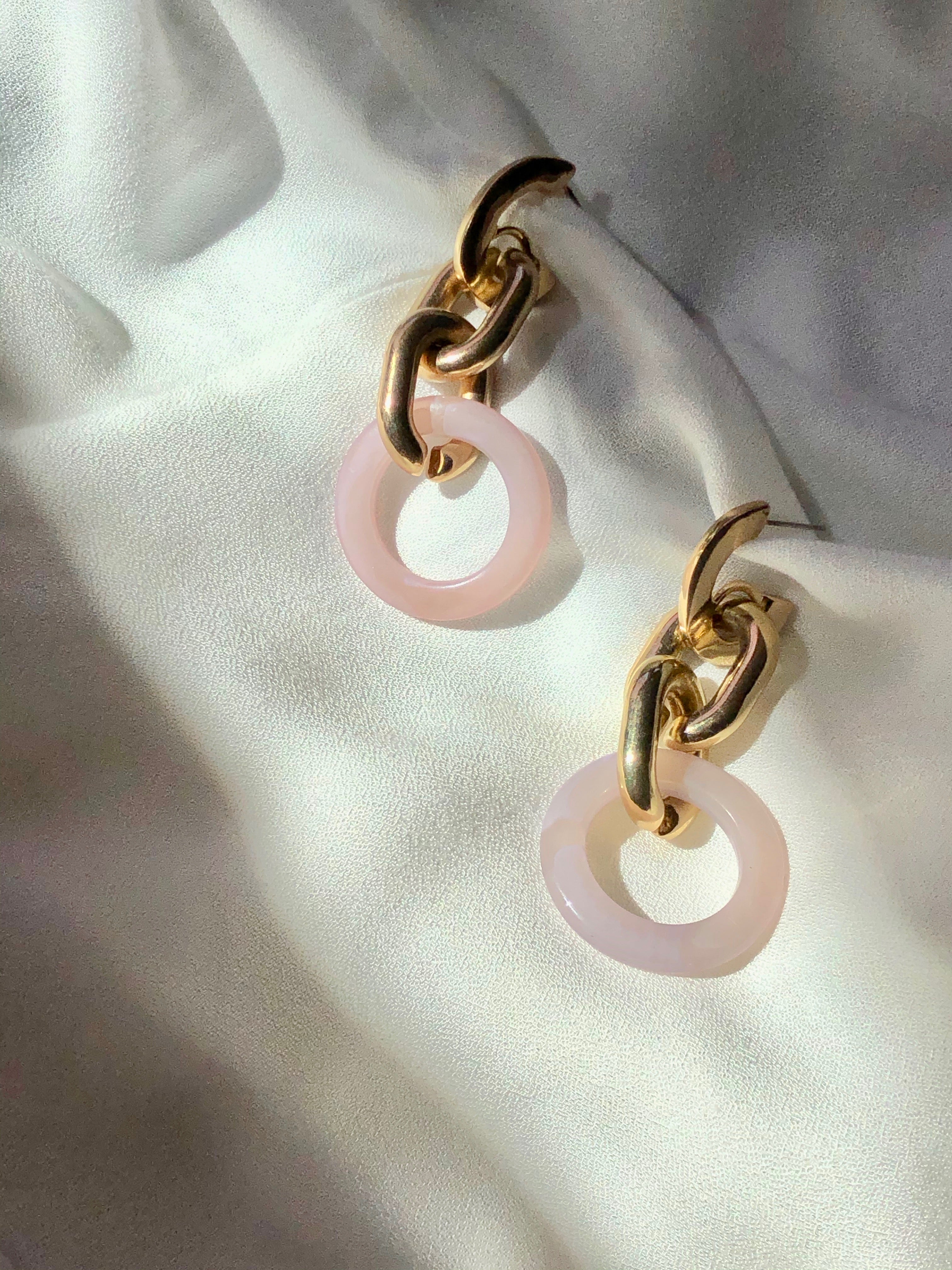Vintage Pink Lucite Circle Drop Earrings in Gold Tone