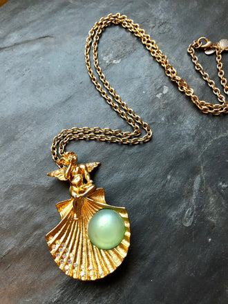 Kirks Folly Whispering Angel Shell Green Colorstone Gold Pendant Necklace
