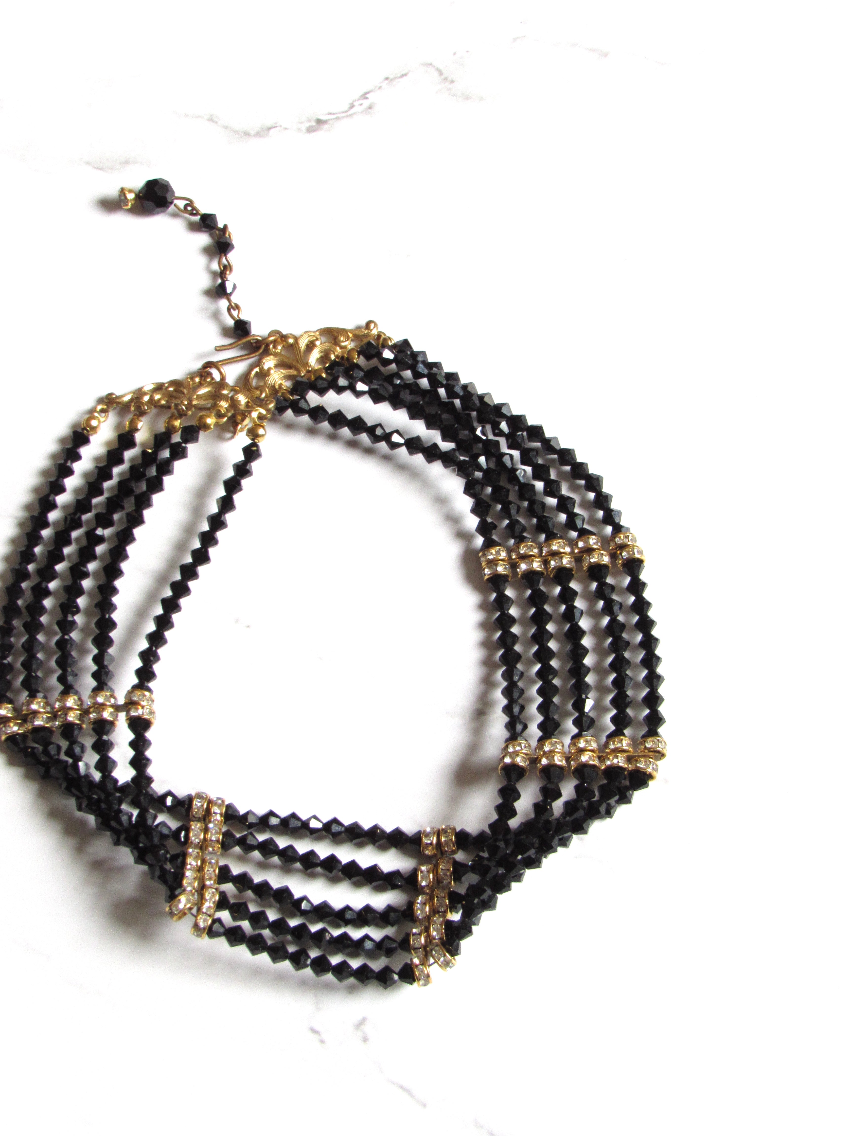 Multi Strand Black Crystal Choker Necklace