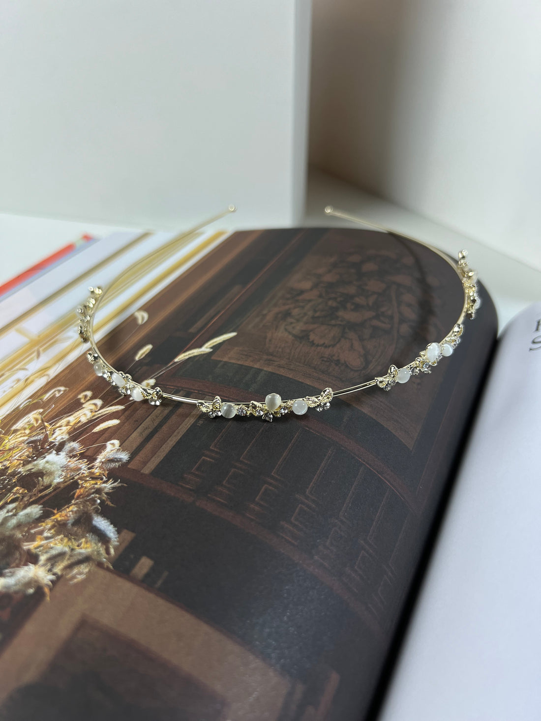 Art Deco White Cat-eye Crystals Gold Headband