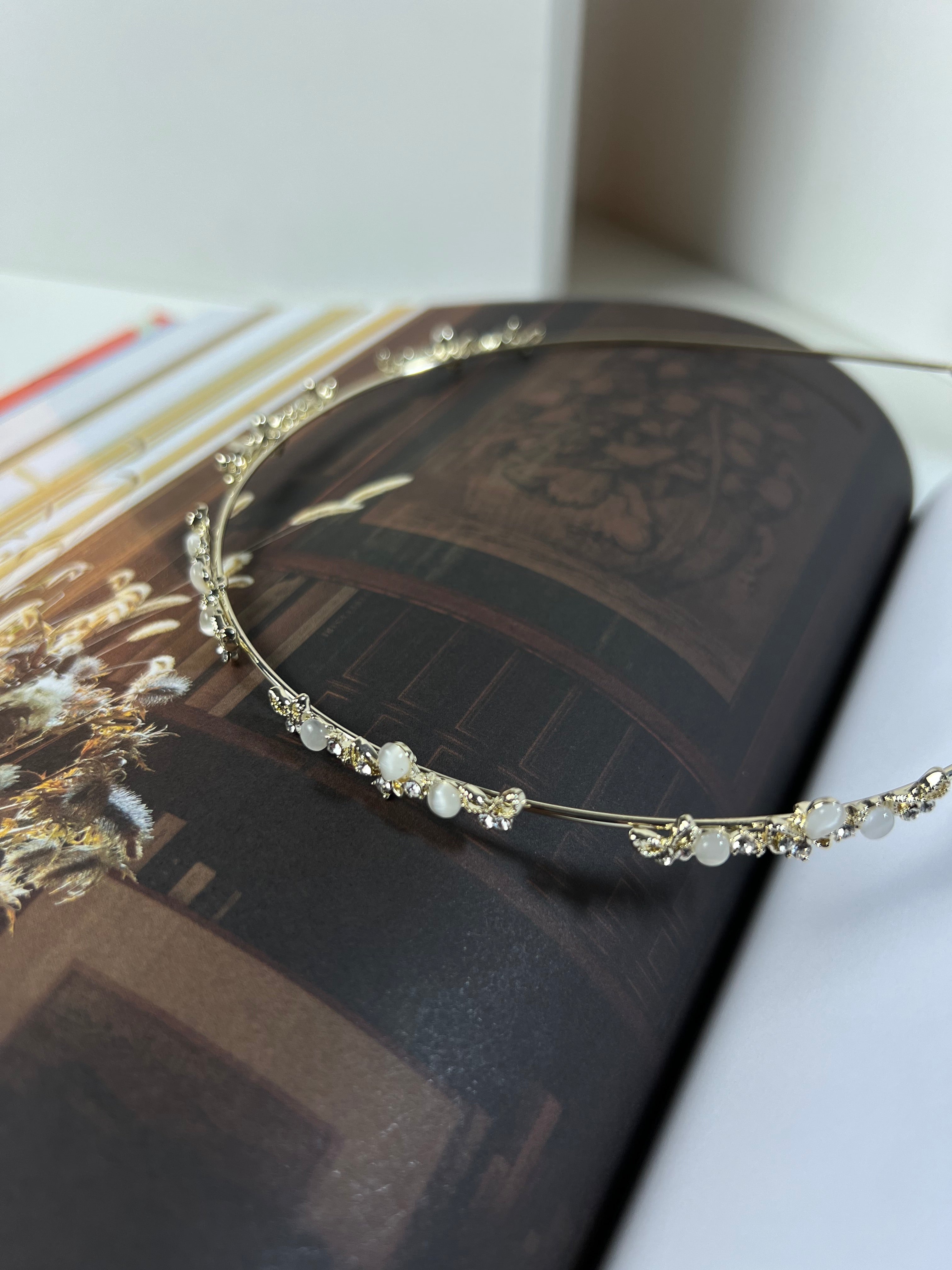 Art Deco White Cat-eye Crystals Gold Headband