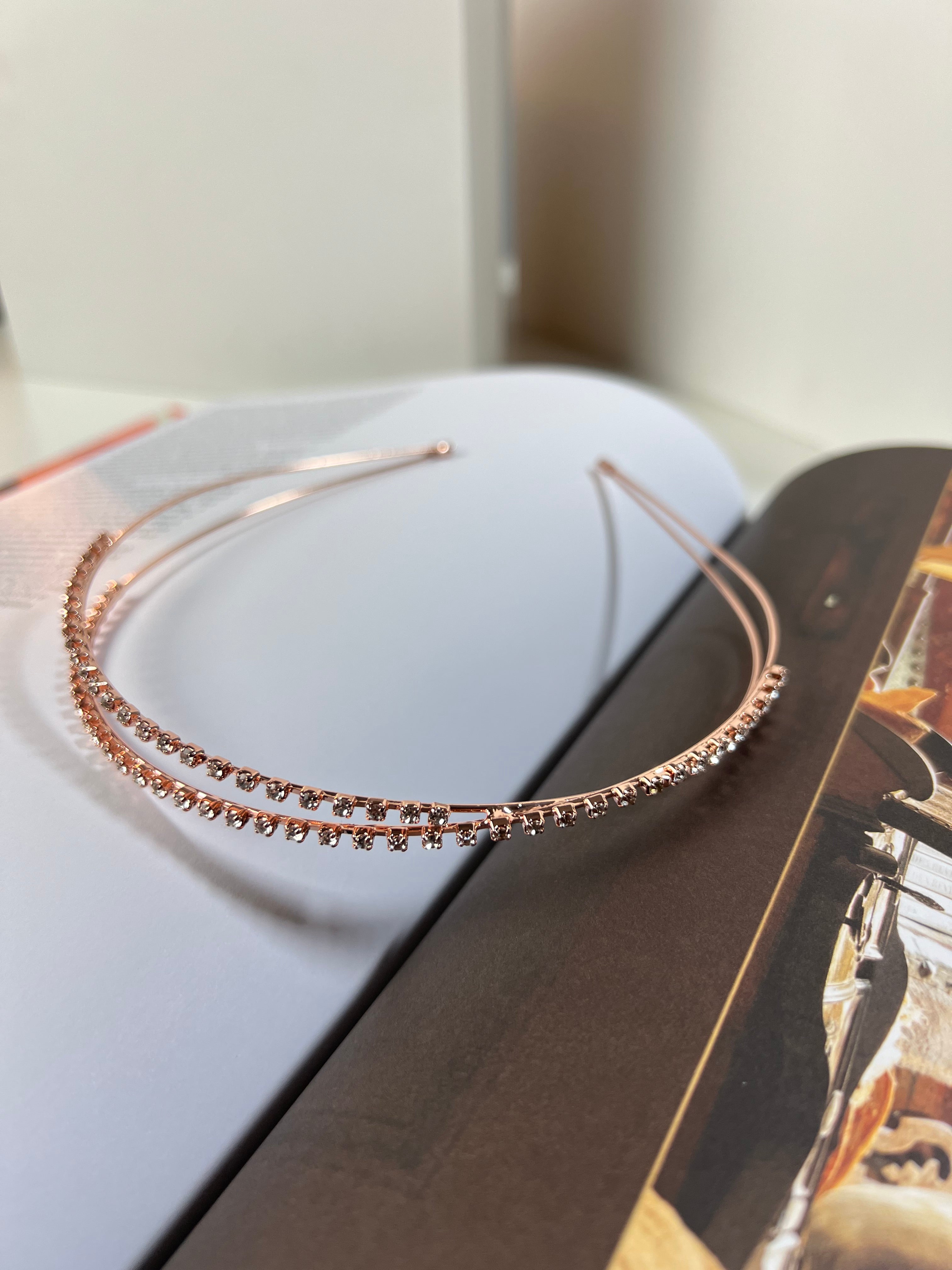 Dainty Crossed Crystals Rose Gold Double Headband