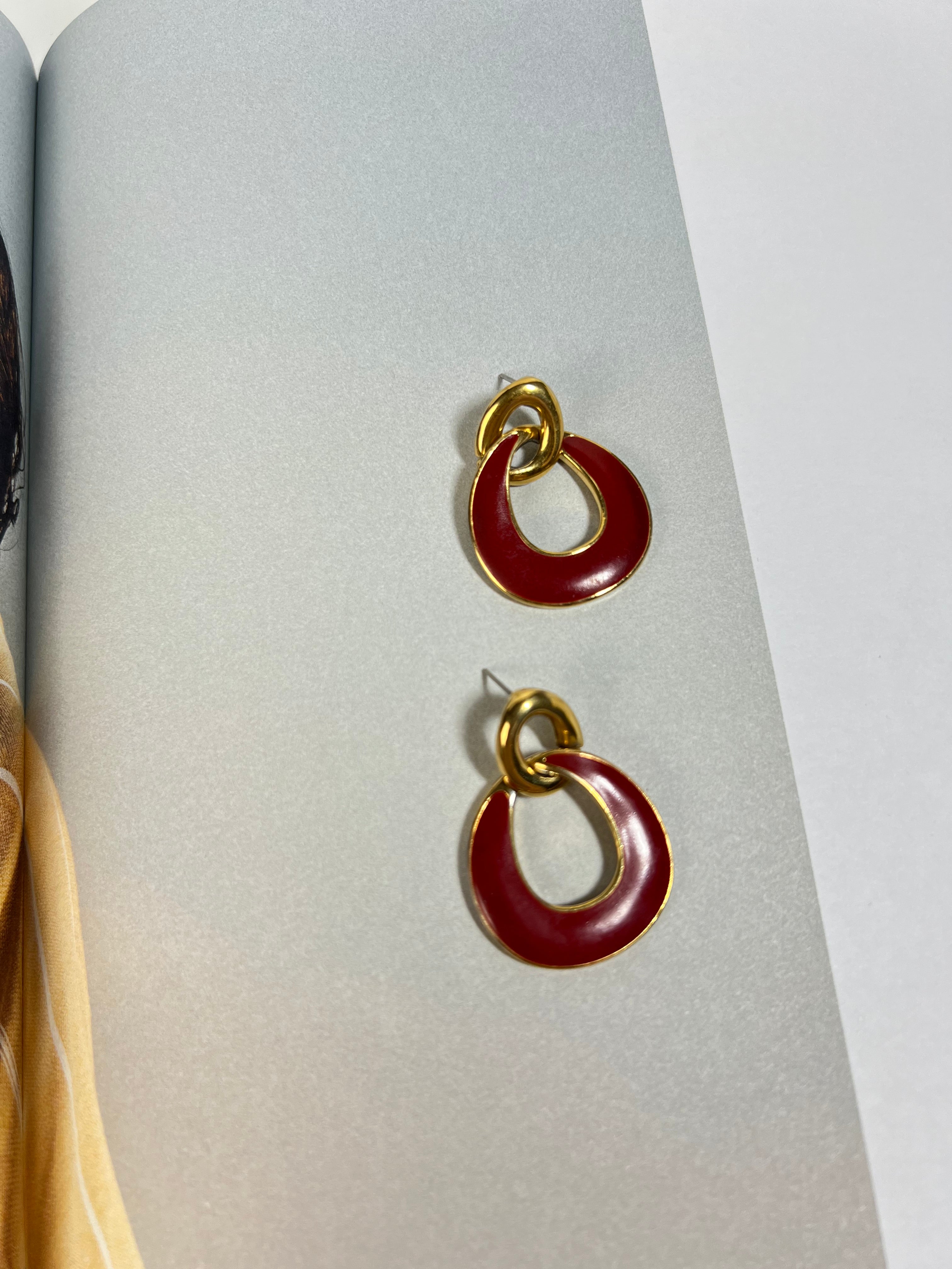 Vintage Red Enamel Circle Gold Statement Earrings
