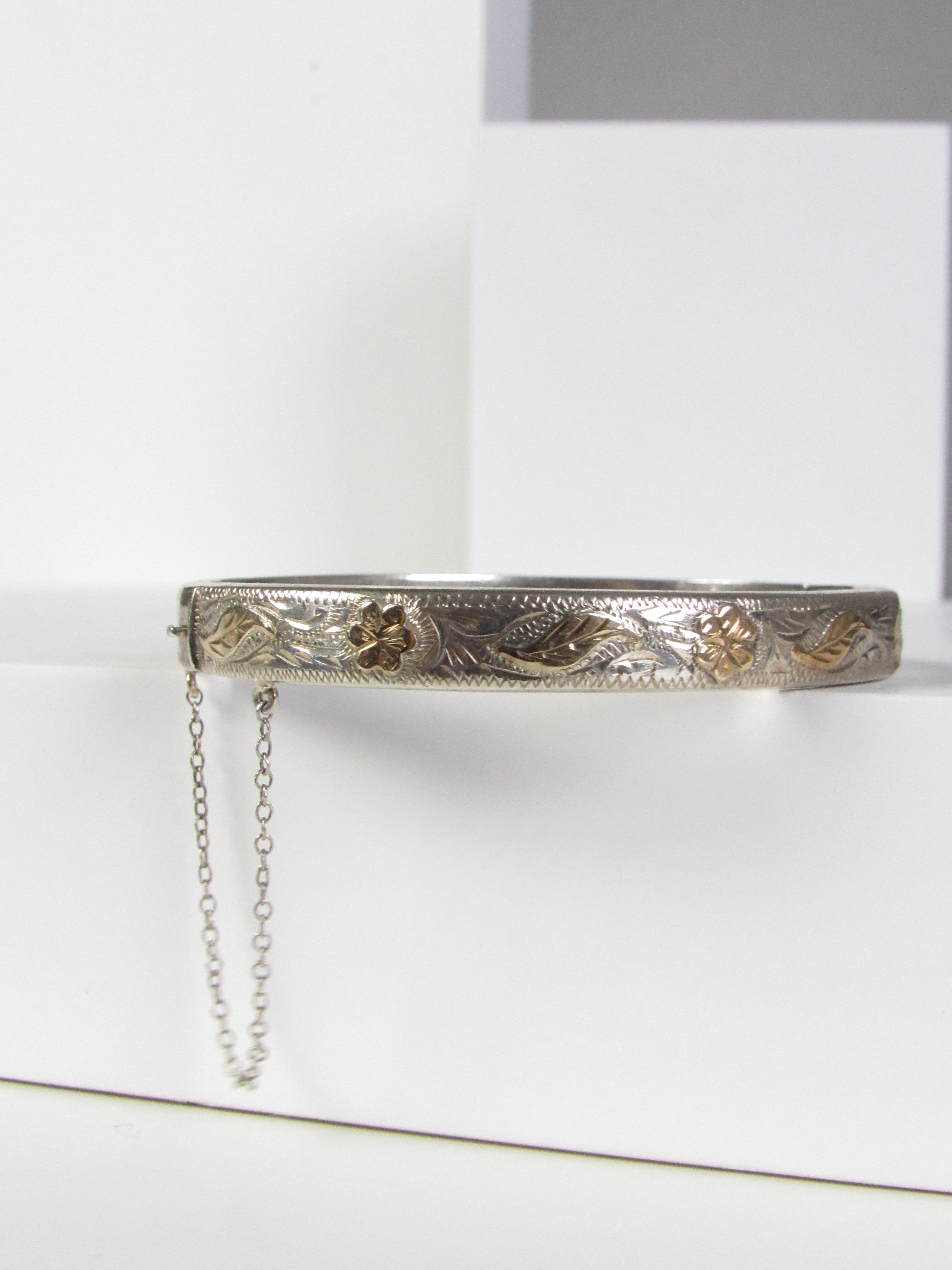 SCANDIA Floral Etched Gold Washed Silver Bangle Bracelet