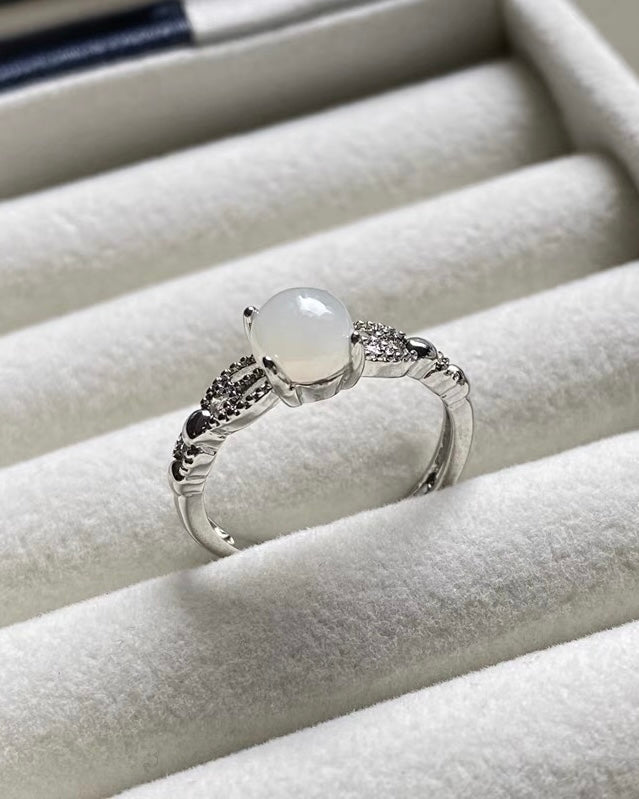 Adjustable White Natural Jade Silver Solitaire Ring