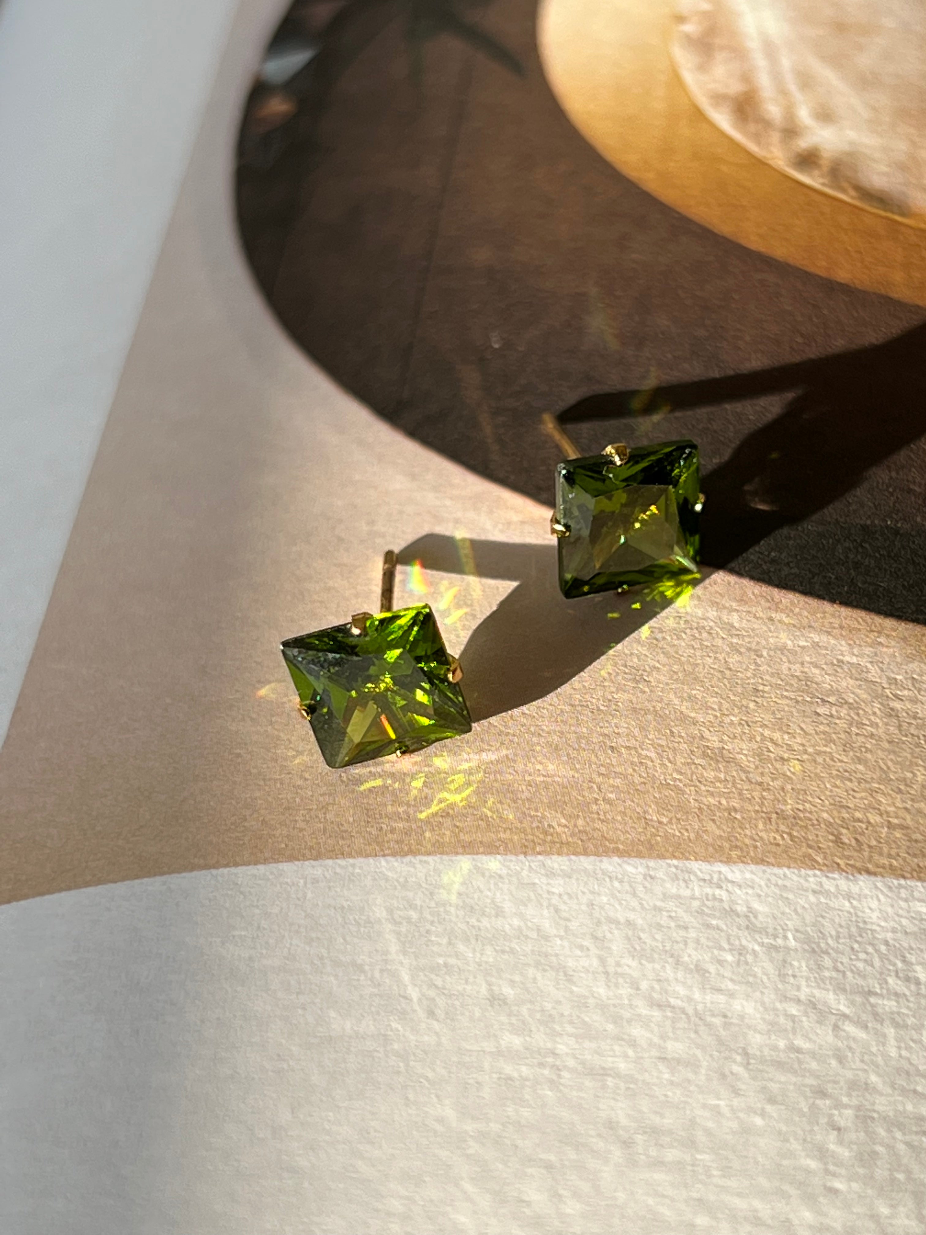 Square Olive Green Swarovski Crystal Gold Stud Earrings
