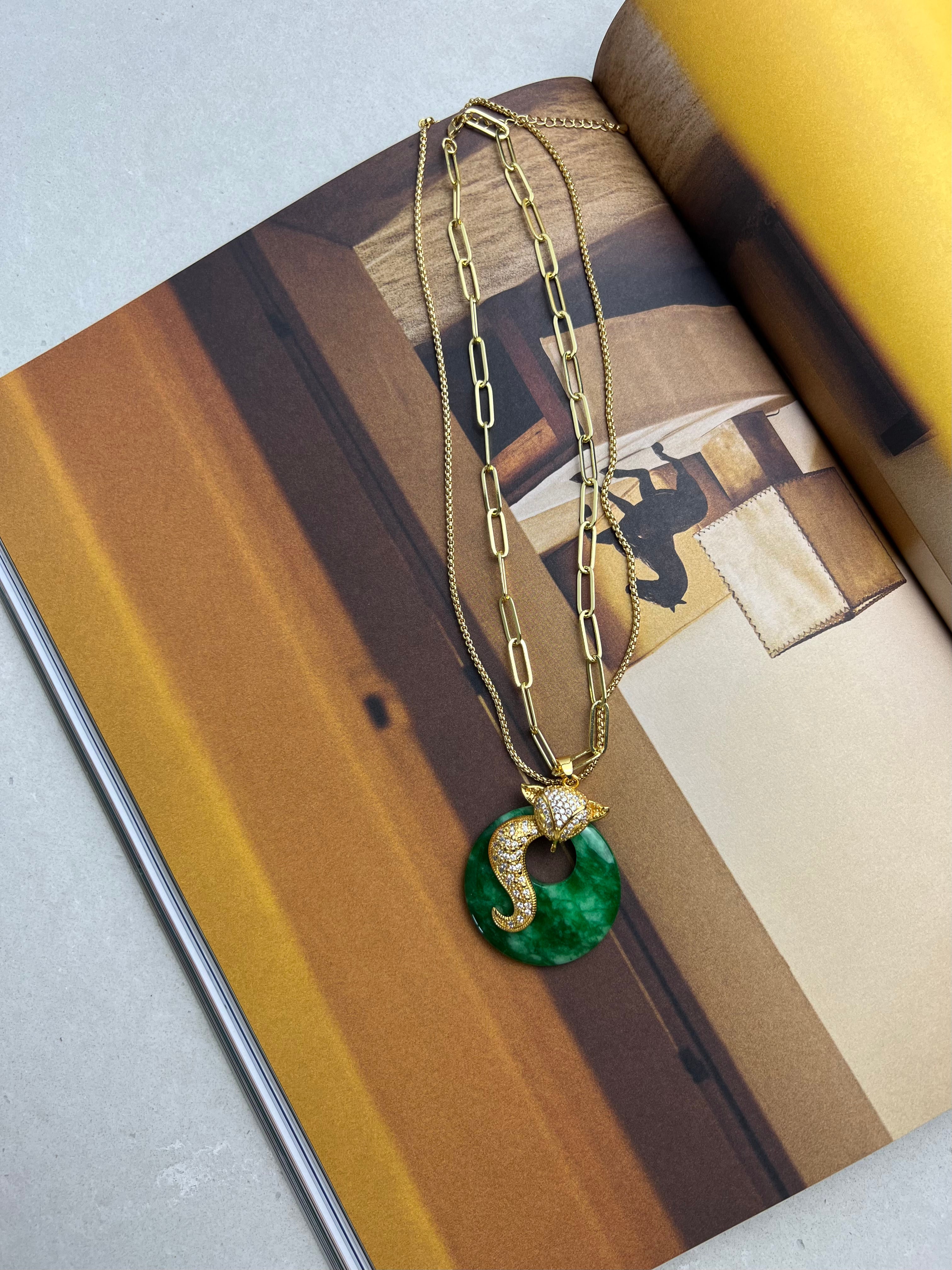 Green Lucky Donut Jade Fox Gold Pendant Necklace