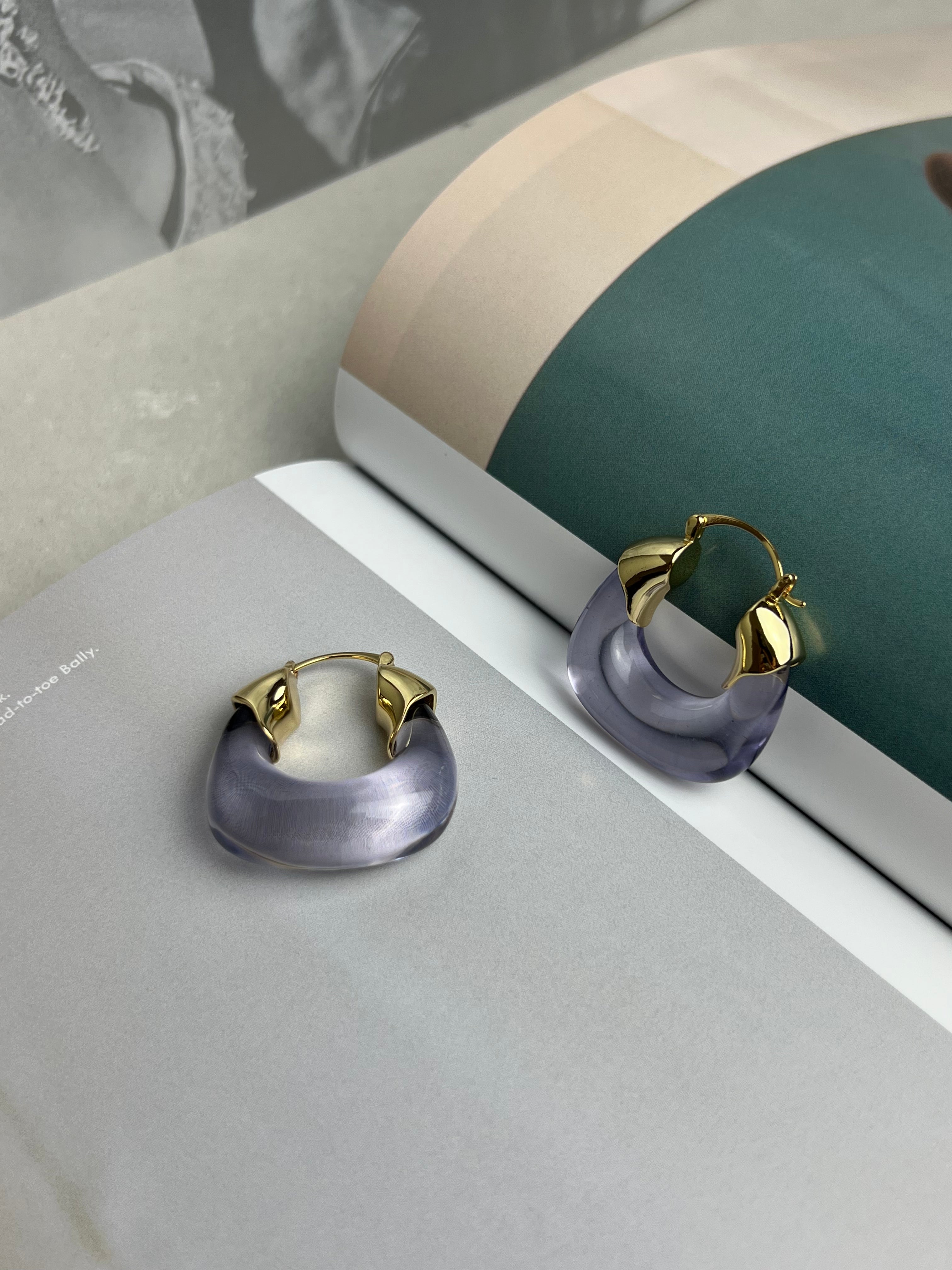 Translucent Lavender Purple Resin Gold Hoop Earrings
