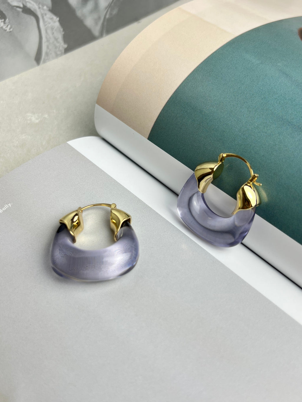 Translucent Lavender Purple Resin Gold Hoop Earrings