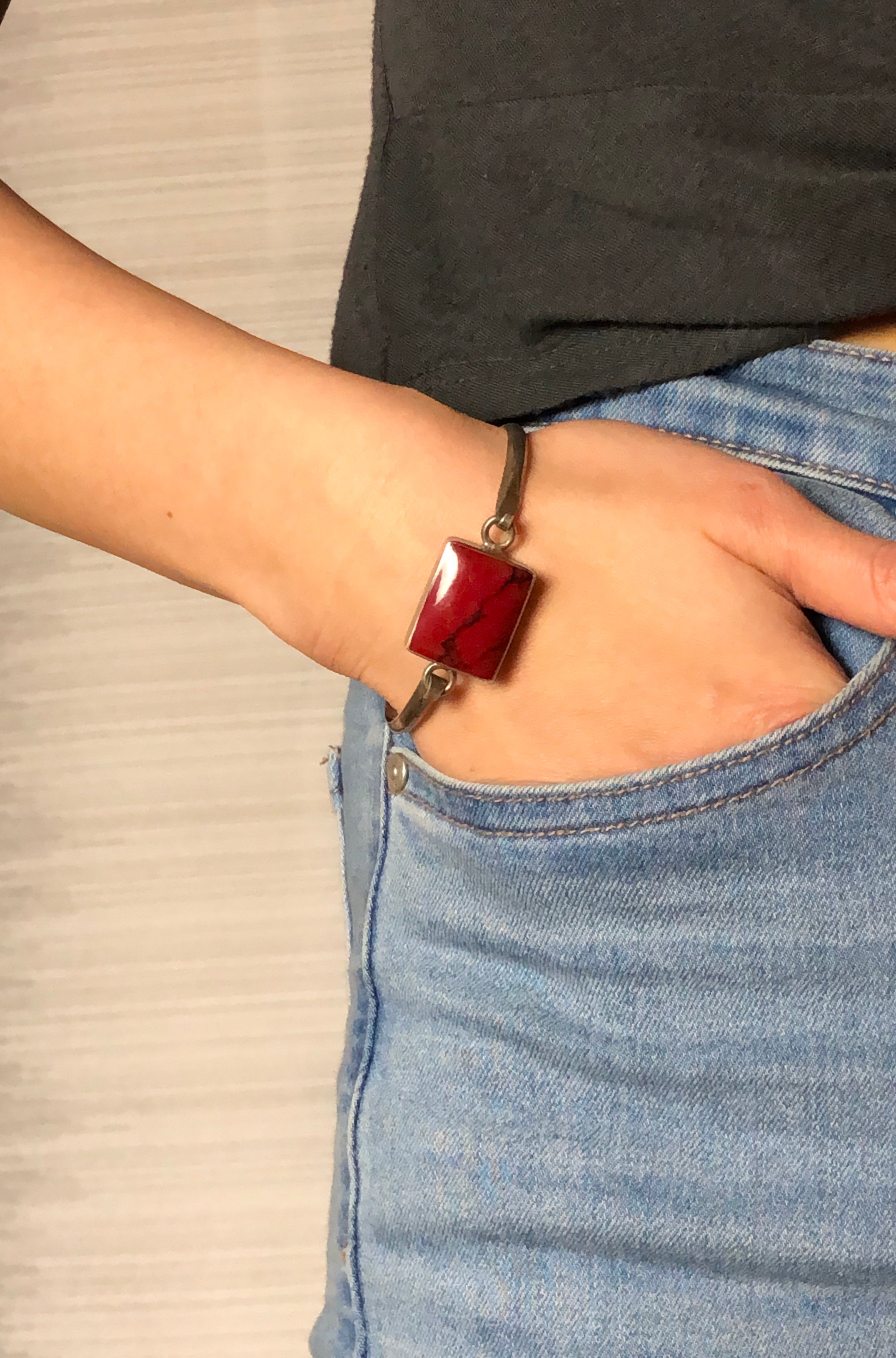 Minimalist Rectangle Red Jasper Silver Bracelet