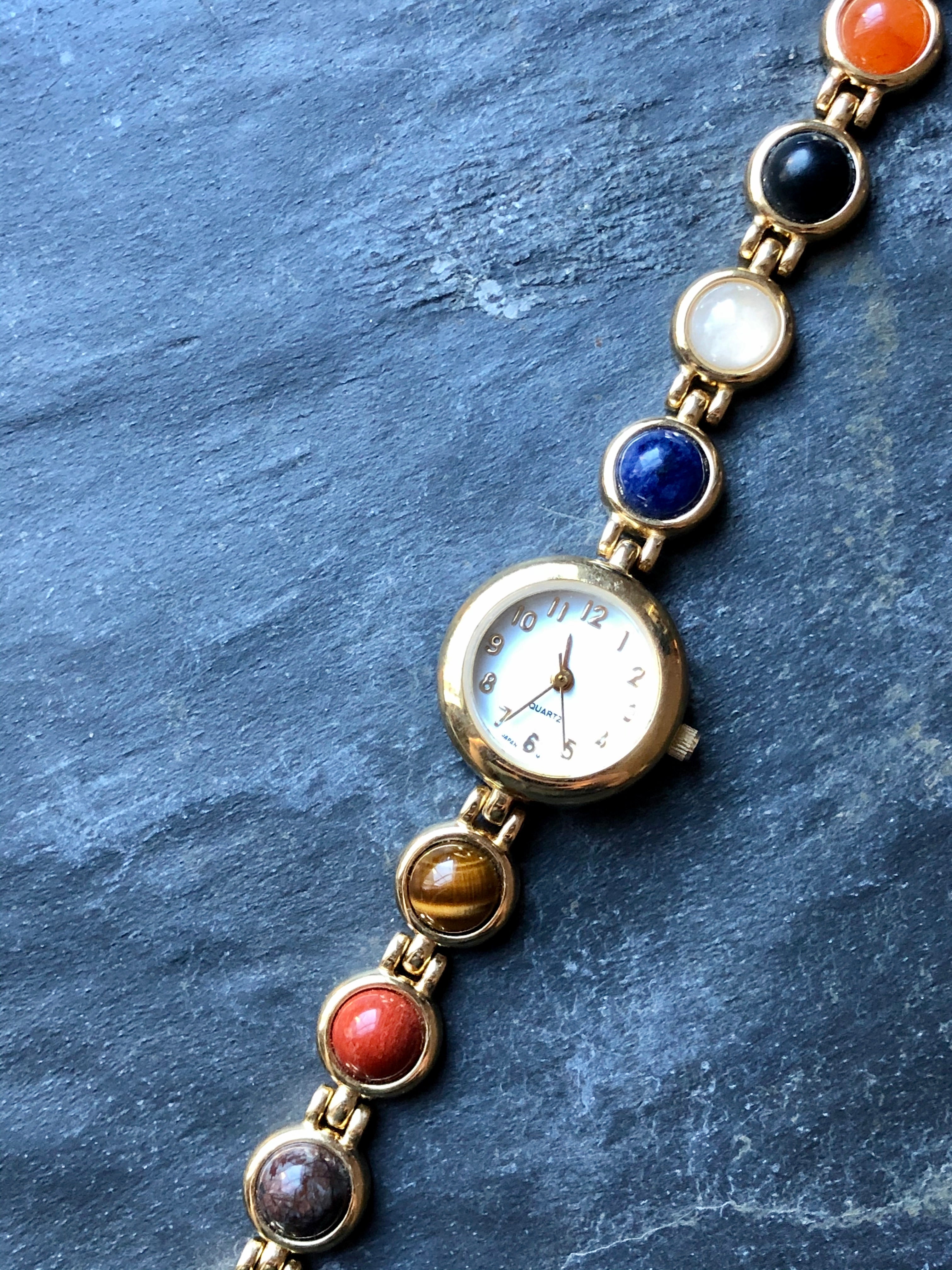 Semi Precious Round Multicolor stone Gold-Tone Ladies Watch