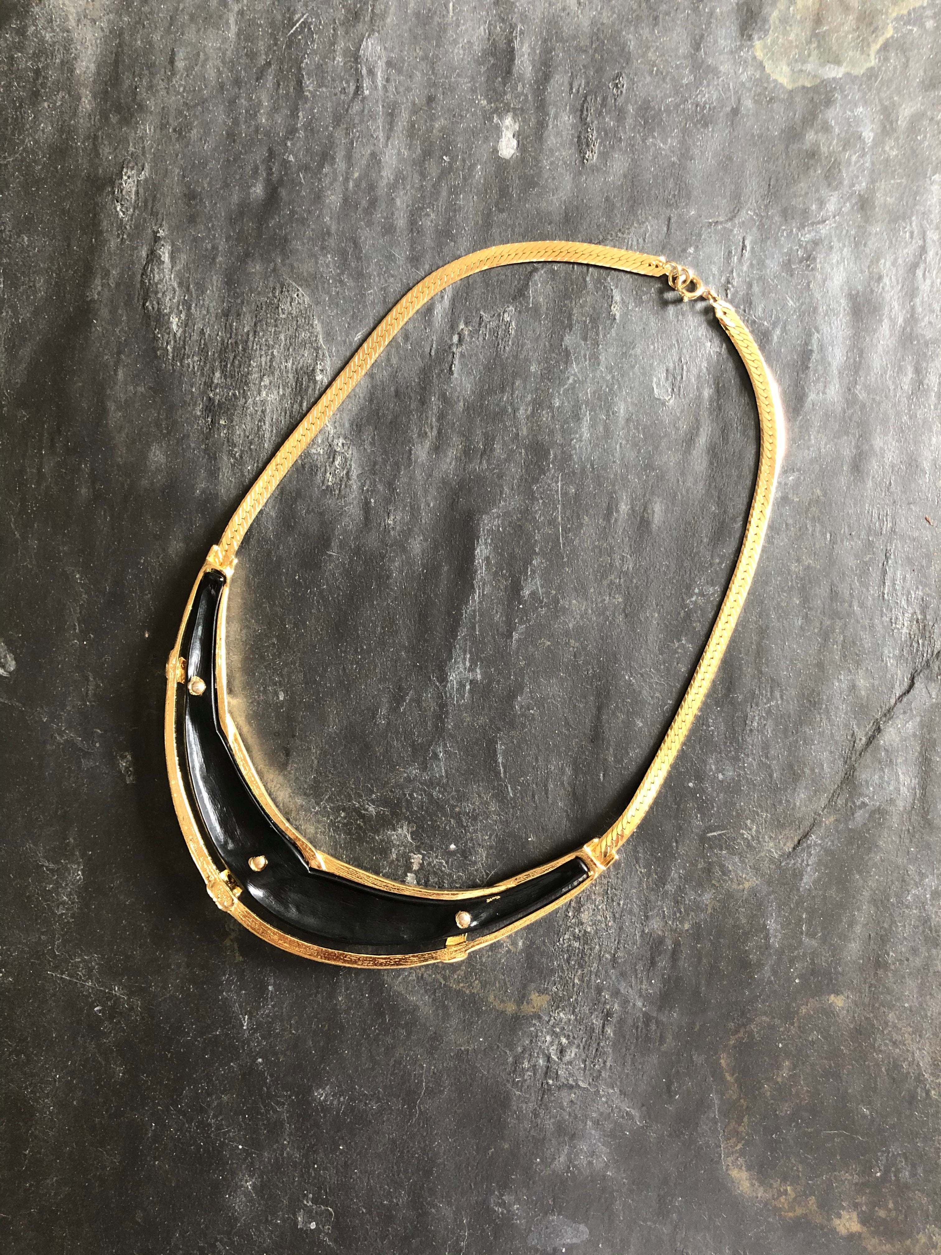 Vintage Trifari Black Enamel Gold Statement Necklace