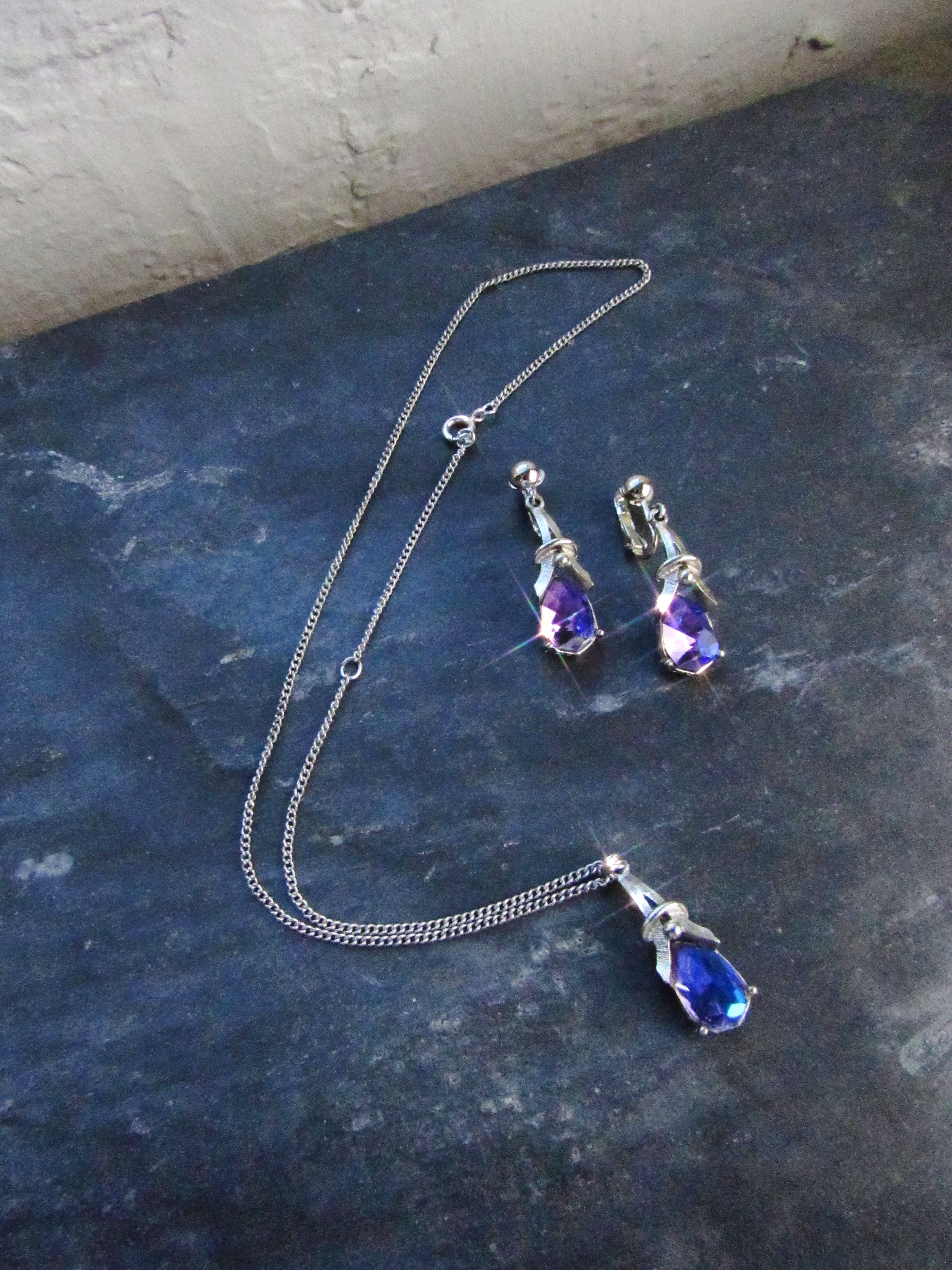Sarah Coventry Purple AB Crystals Silver Earrings & Necklace Set
