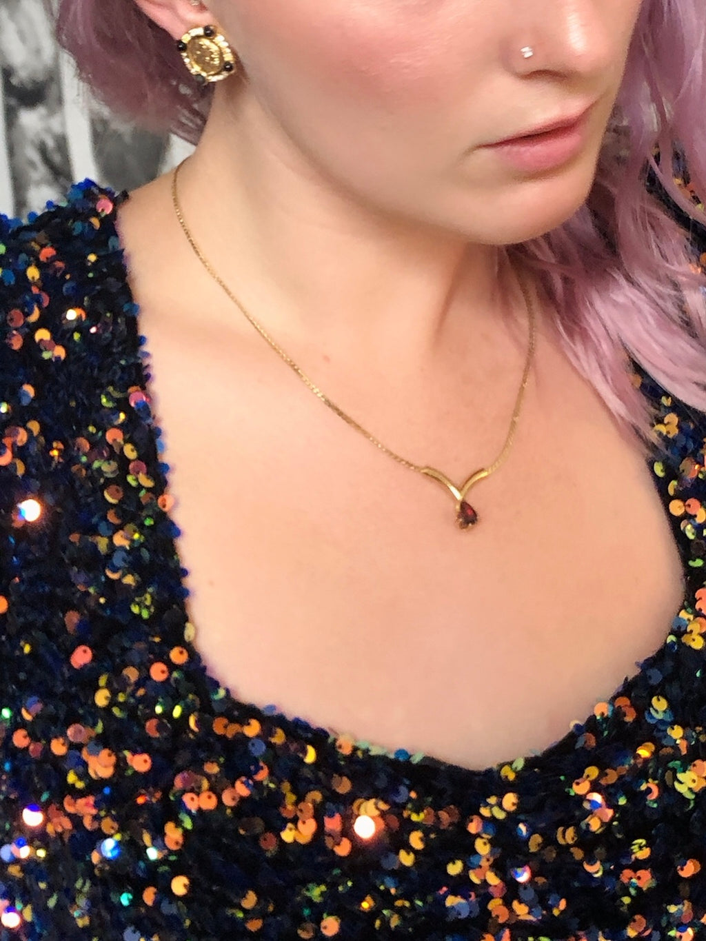 Teardrop Red Garnet Gold V Shape Necklace
