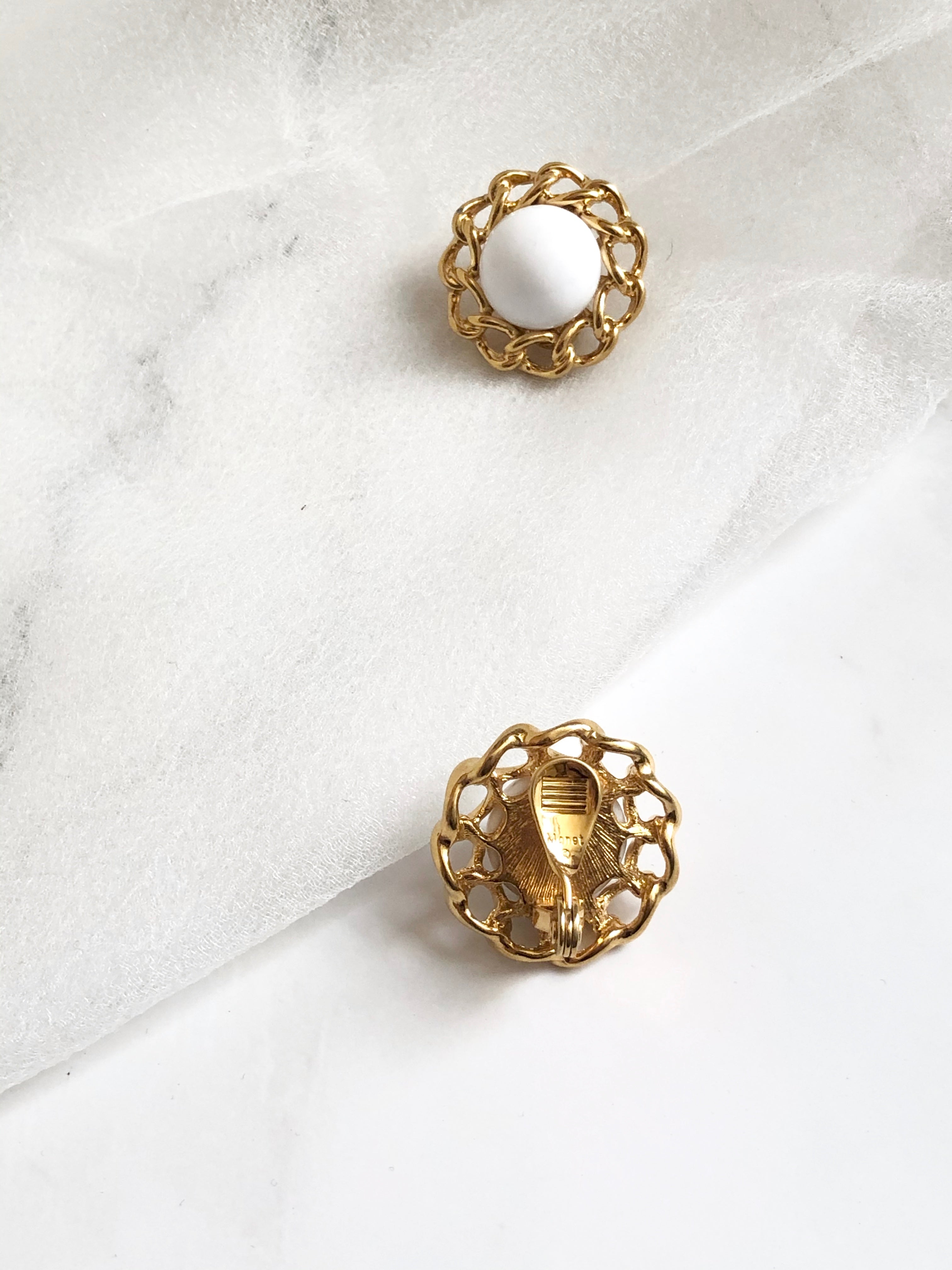 Monet Floral White Enamel Gold Statement Earrings