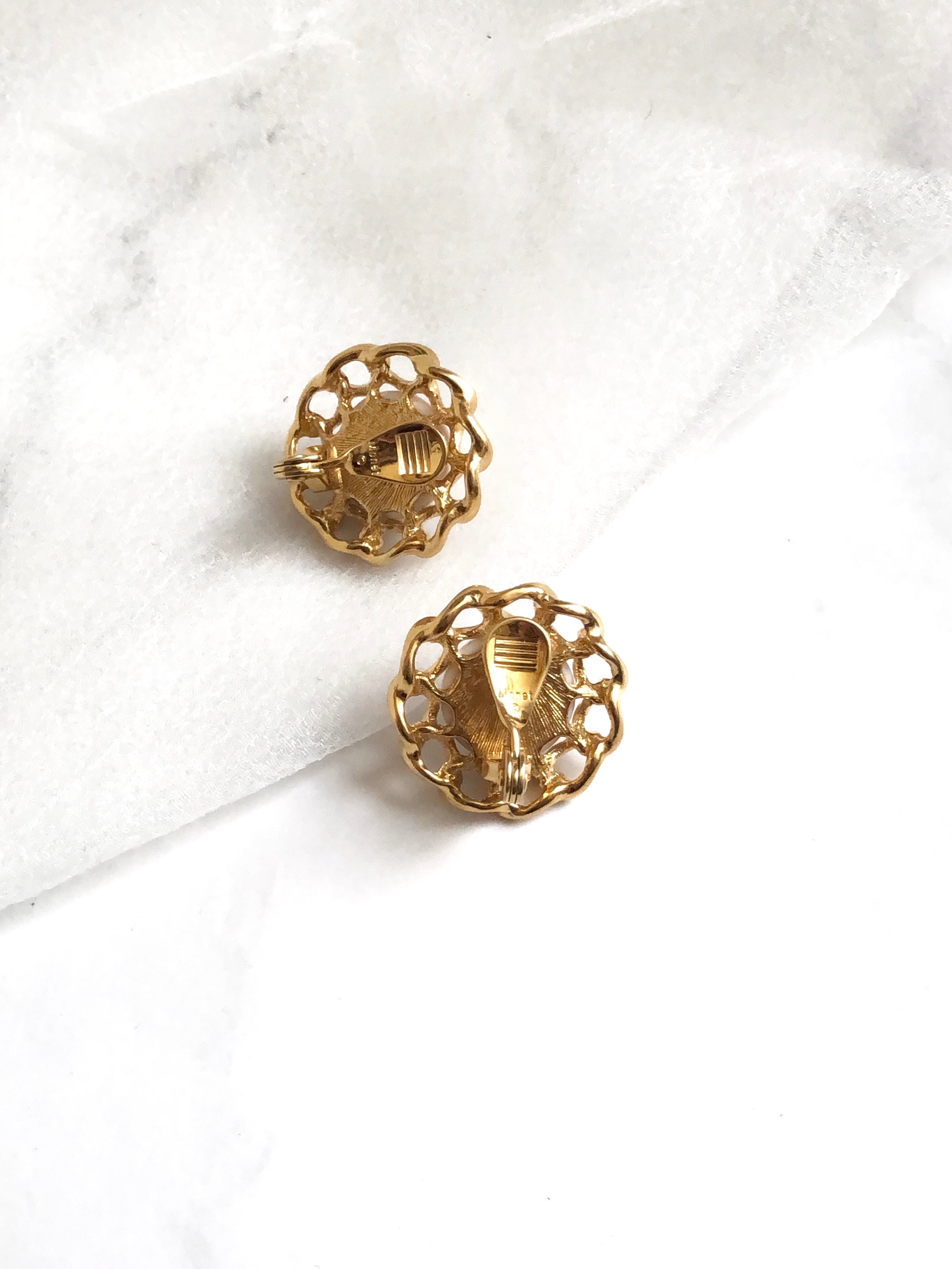 Monet Floral White Enamel Gold Statement Earrings