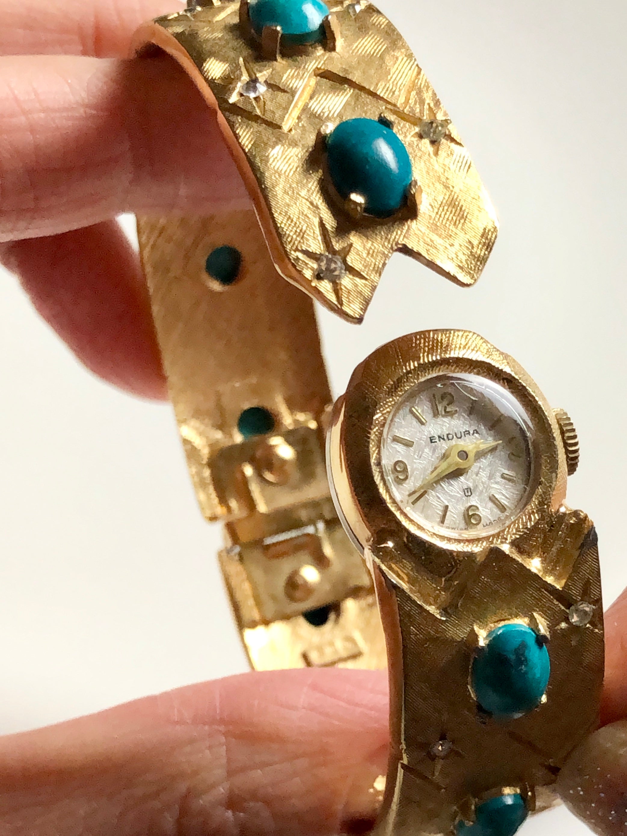 Endura Oval Turquoise Sparkled Crystal Gold Ladies Wrist Watch