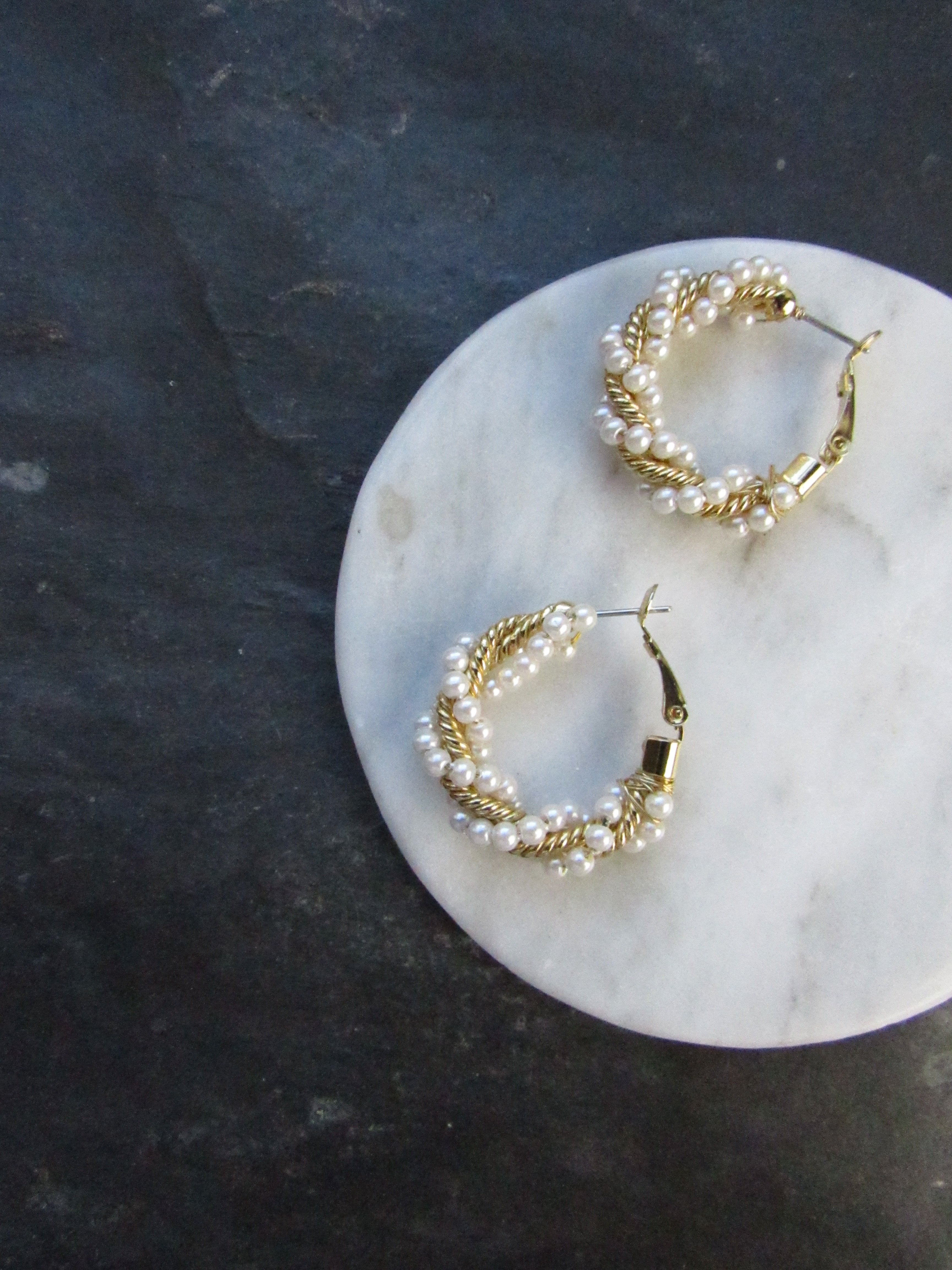 Twisted Pearl Beads Gold Hoop Earrings