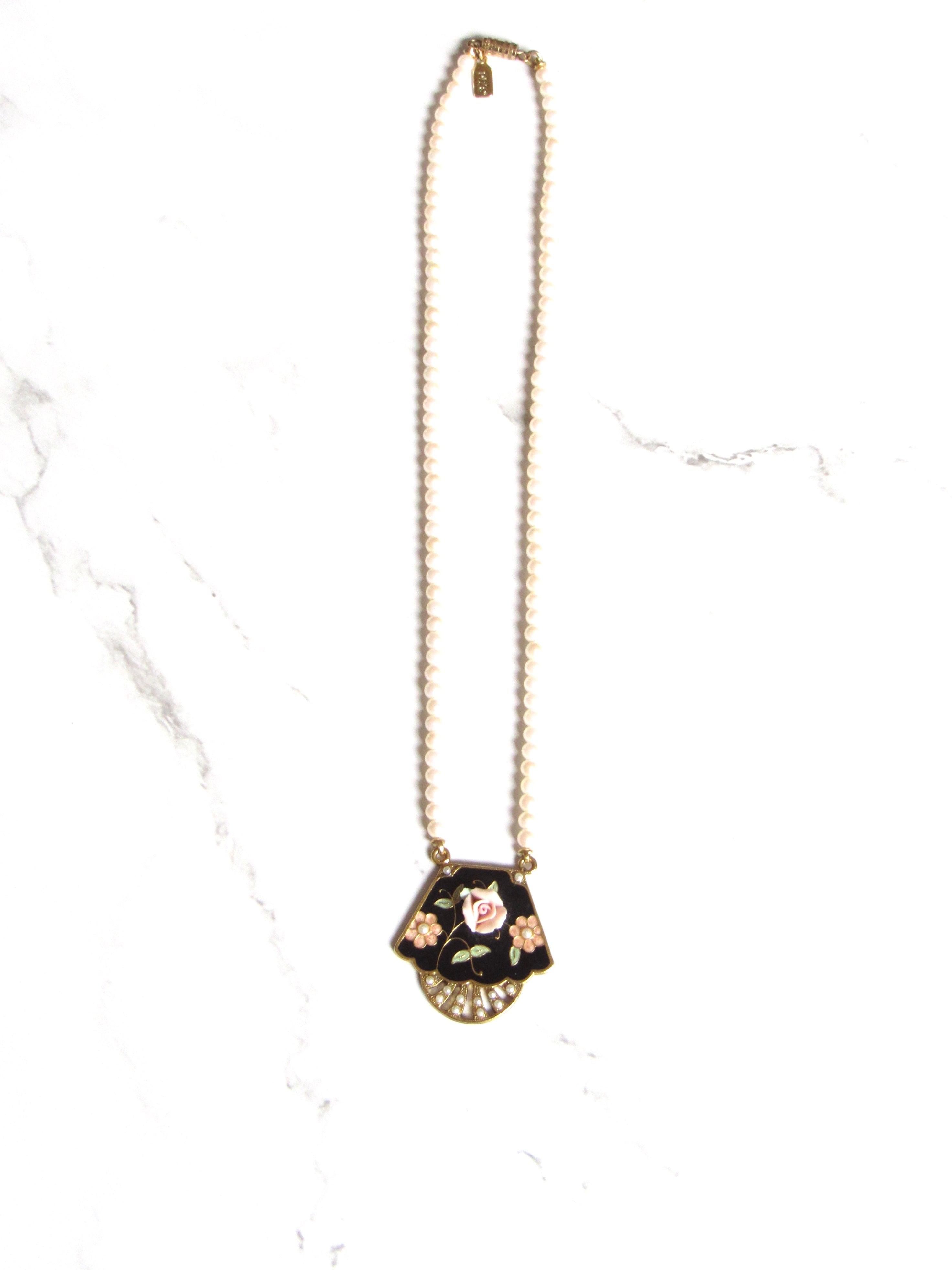 Rose Black Enamel Pendant Pearl Gold Necklace