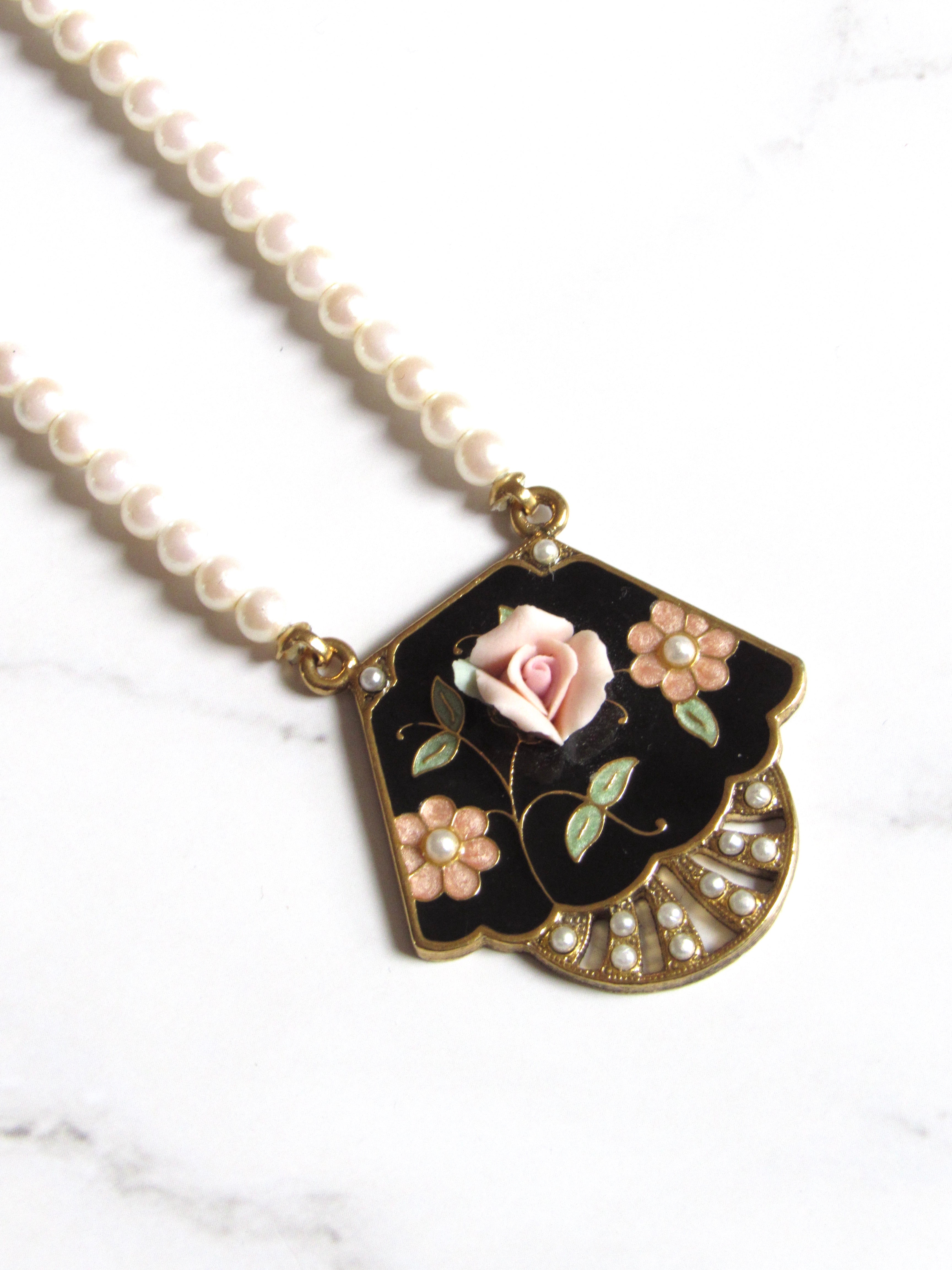 Rose Black Enamel Pendant Pearl Gold Necklace