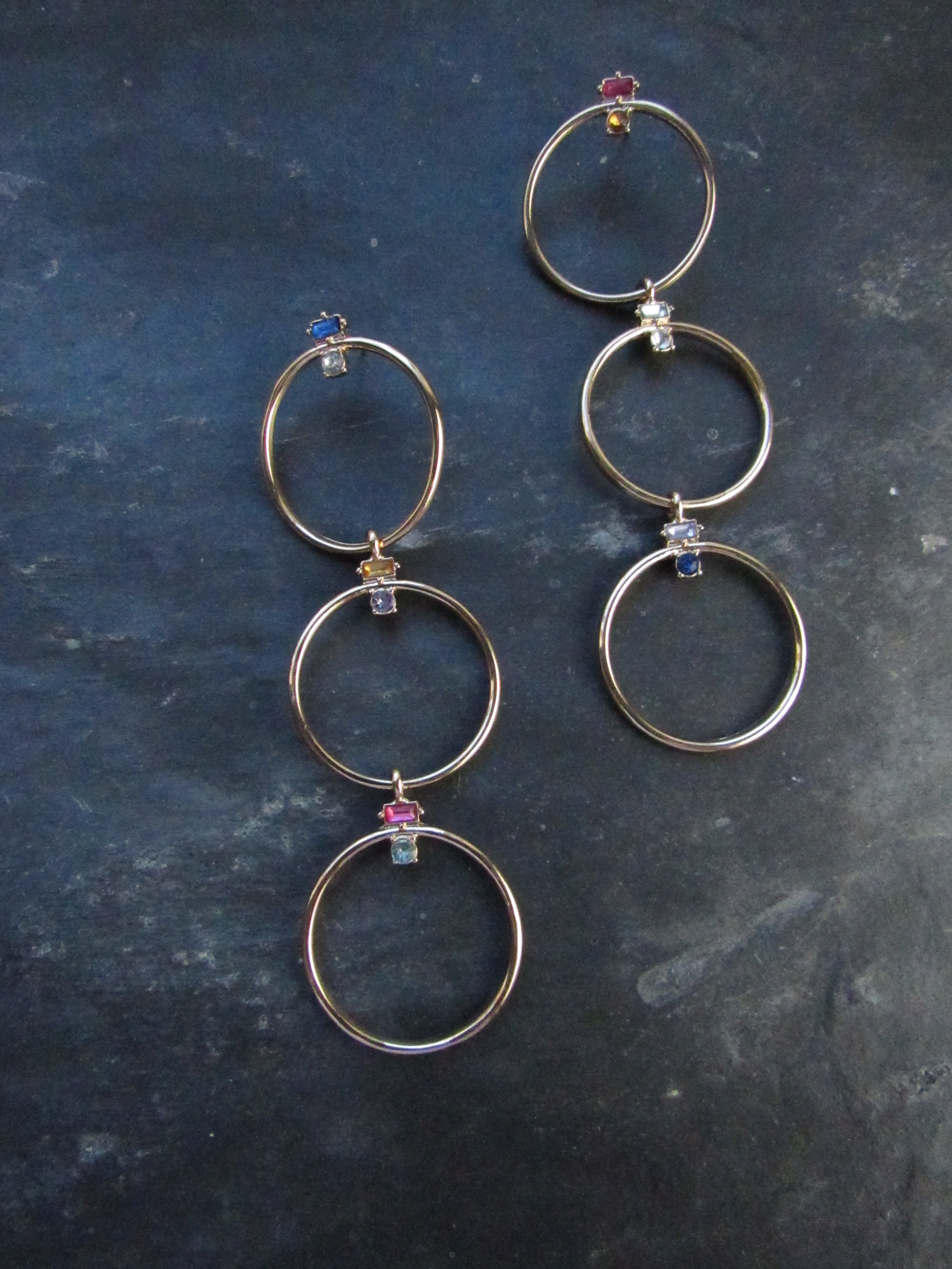 Vintage Triple Circles Gold Drop Earrings with Multi-Color Crystals