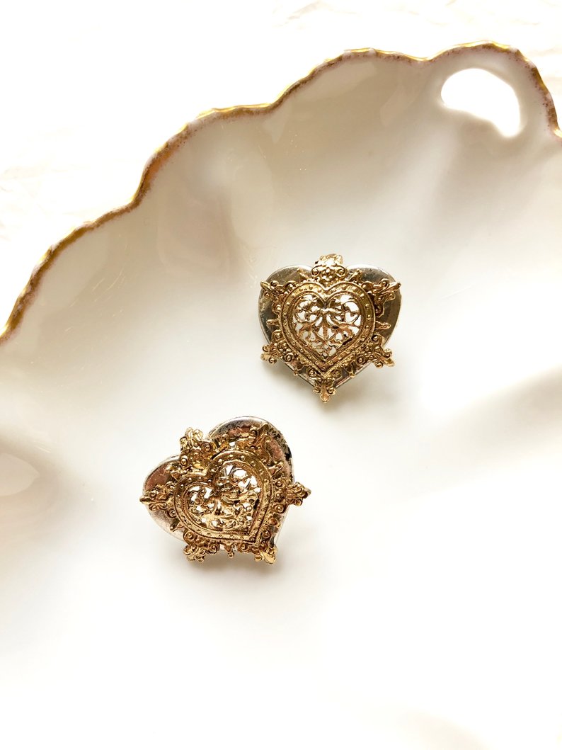 Art Deco Heart Gold Statement Earrings