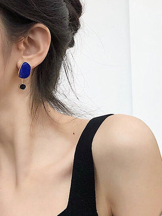 Asymmetrical Geo Black & Blue Gold Dangle Earrings